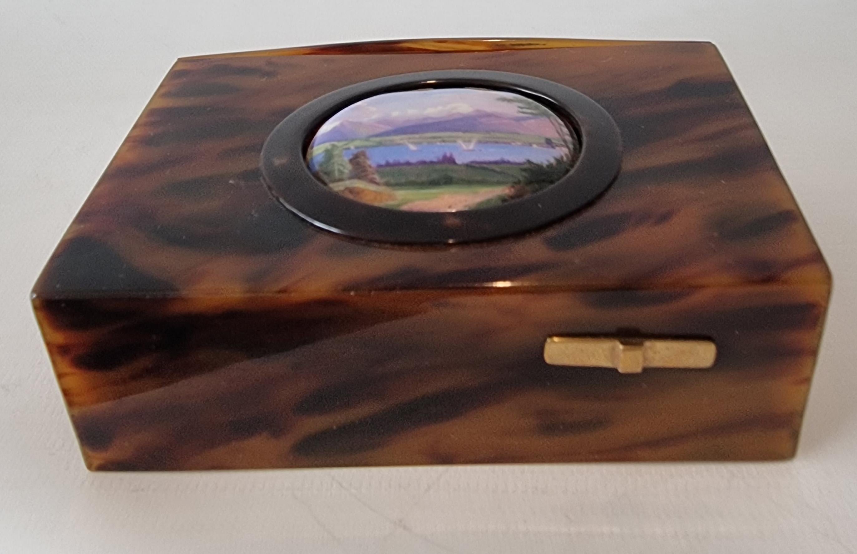 Antique Pictorial enamel and underbelly-cut tortoiseshell singing bird box In Good Condition For Sale In London, GB