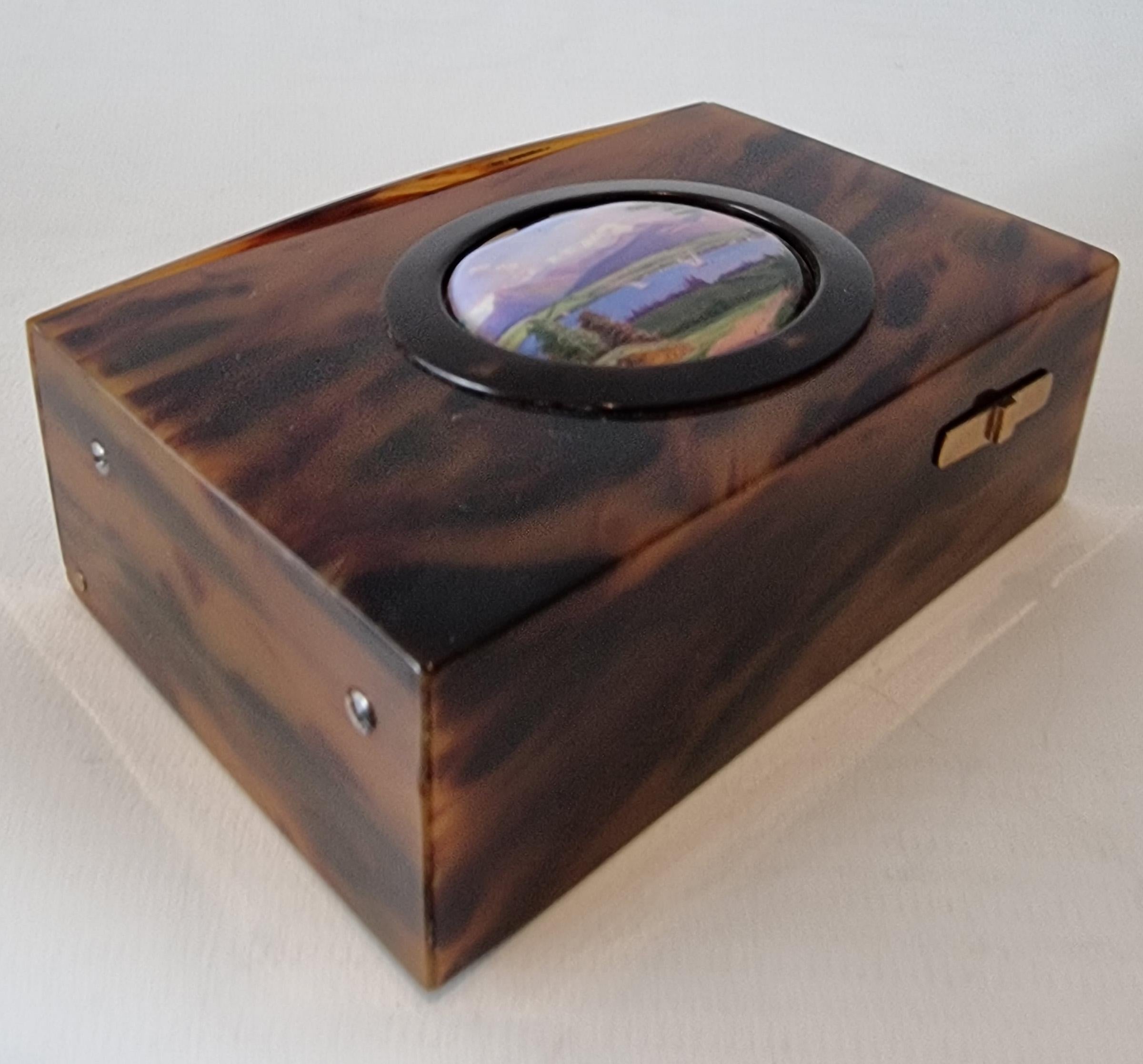 Late 19th Century Antique Pictorial enamel and underbelly-cut tortoiseshell singing bird box For Sale