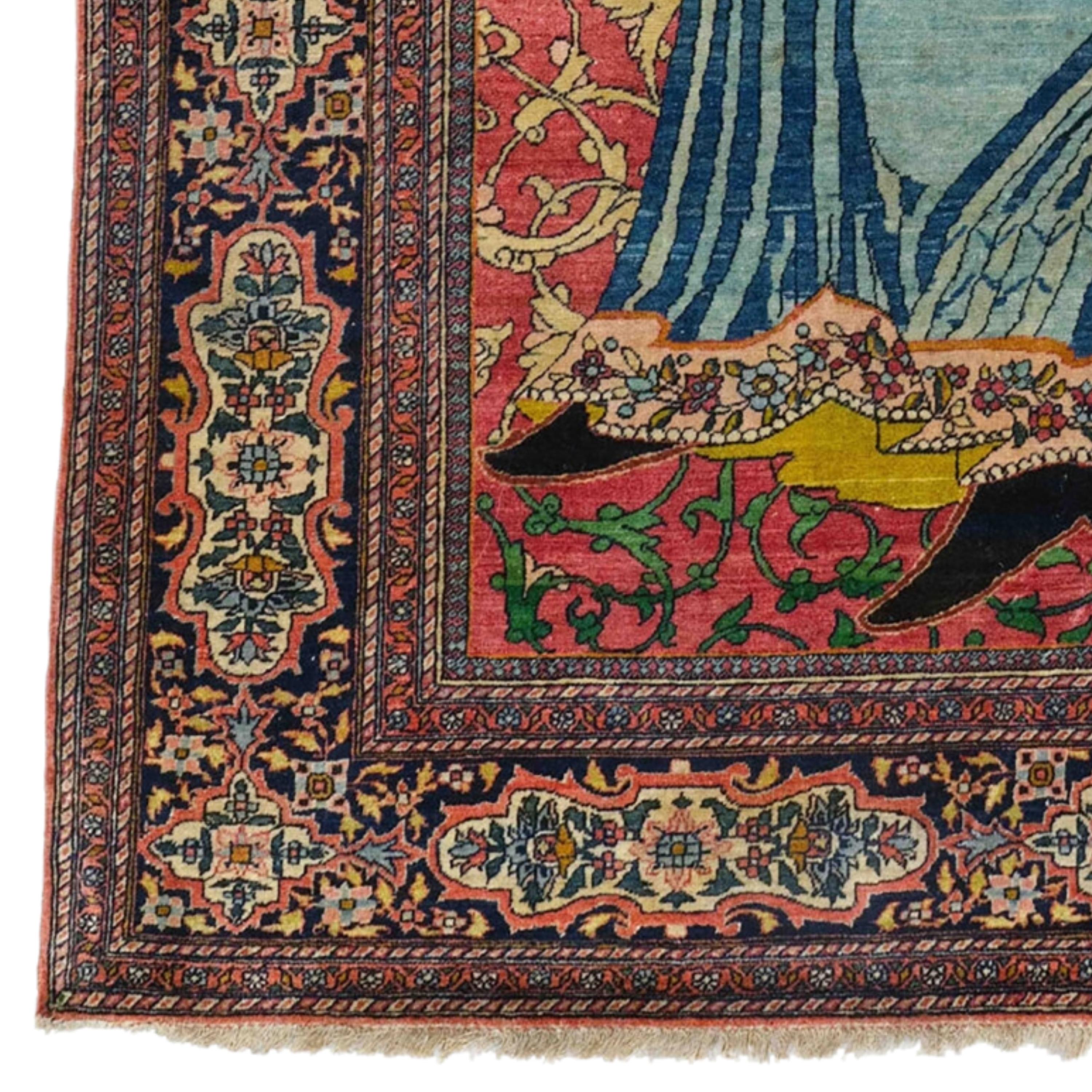 Late of the 19th Century Picturial Esfahan Rug
Size: 137x215 cm

This impressive late 19th-century Esfahan Carpet is a masterpiece reflecting the elegant and sophisticated craftsmanship of a historic period.

Rich Patterns: The carpet is decorated