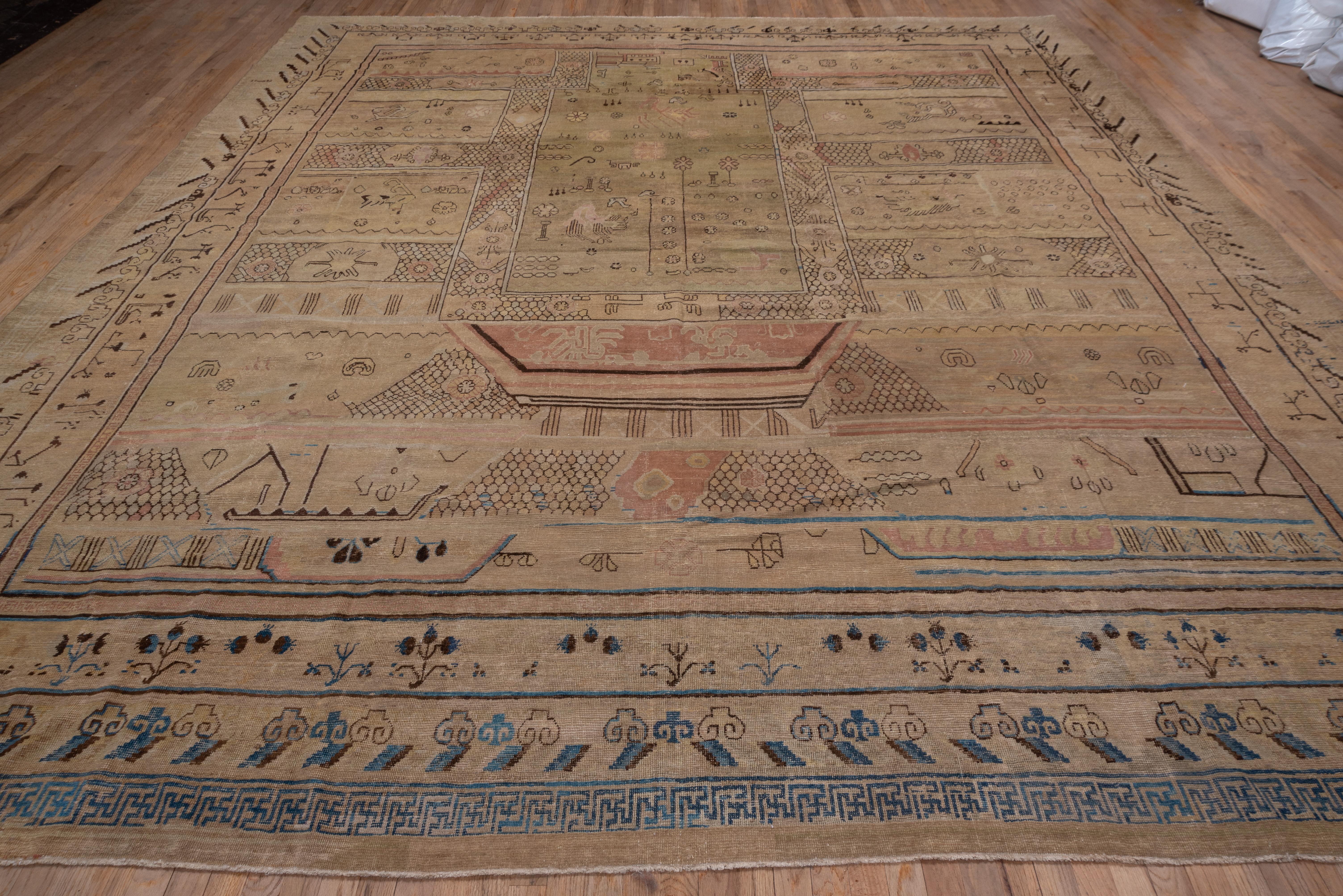 East Turkestani Antique Pictorial Khotan Carpet, Soft Tones Soft Palette, Allover Detailed Field