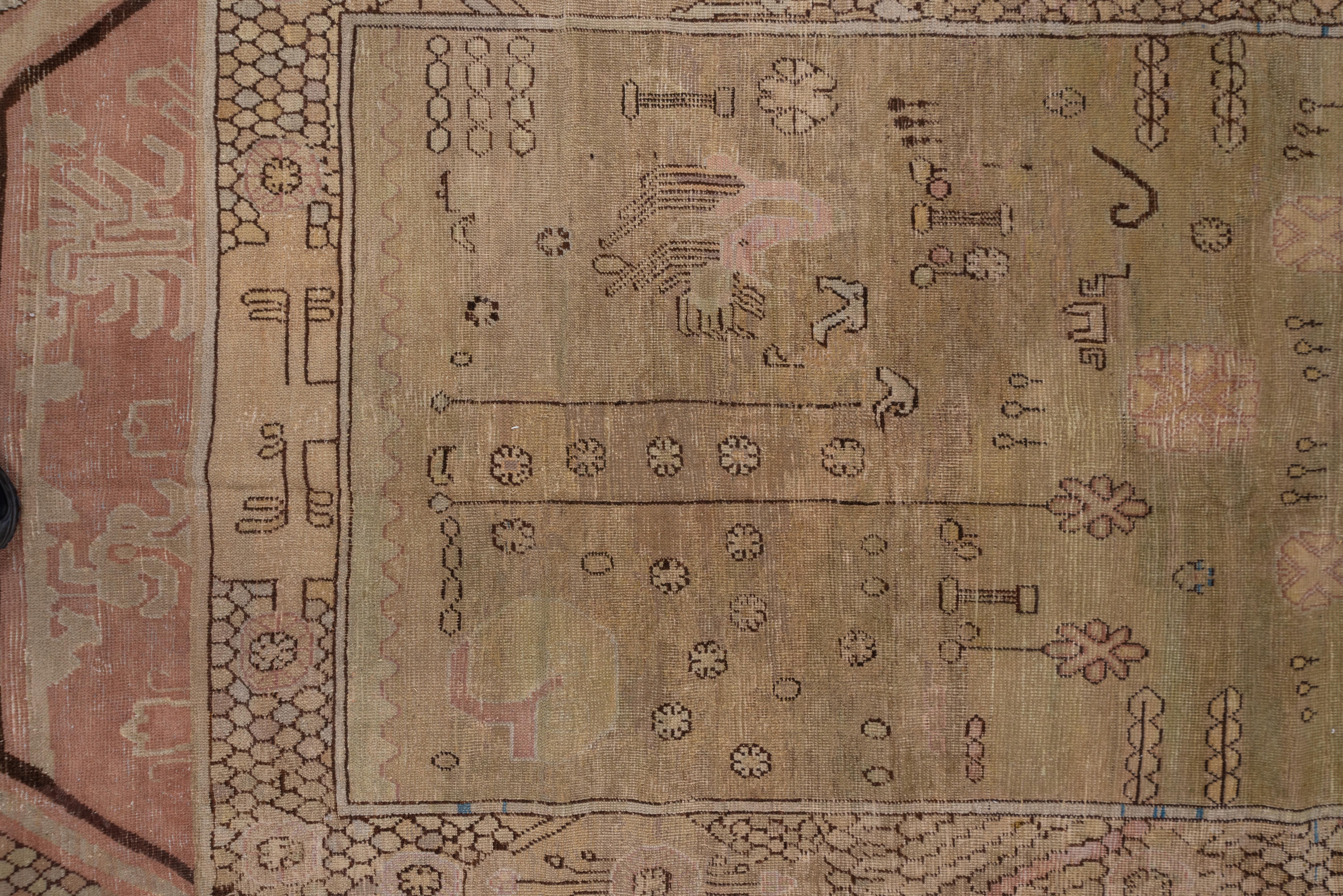 Hand-Knotted Antique Pictorial Khotan Carpet, Soft Tones Soft Palette, Allover Detailed Field