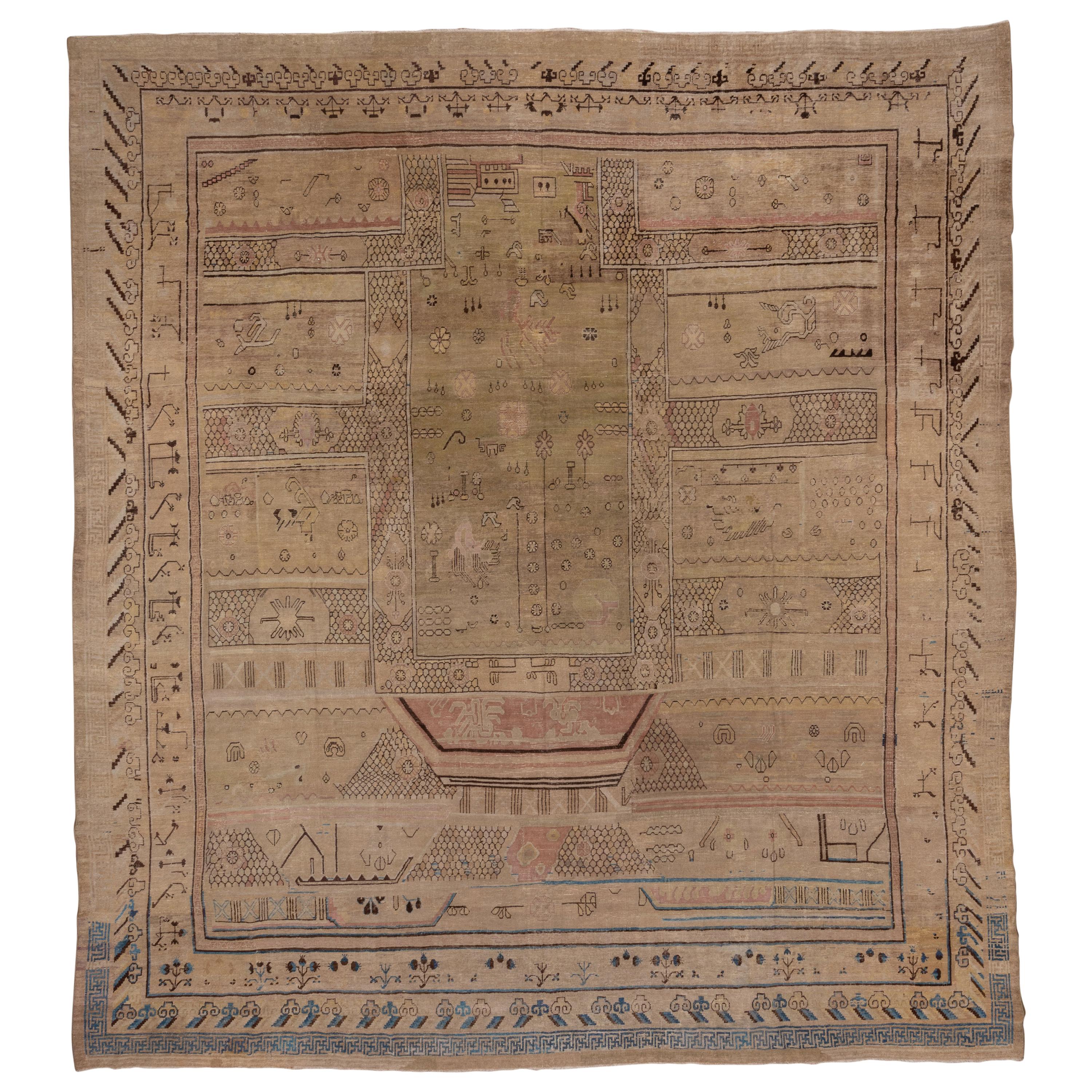 Antique Pictorial Khotan Carpet, Soft Tones Soft Palette, Allover Detailed Field
