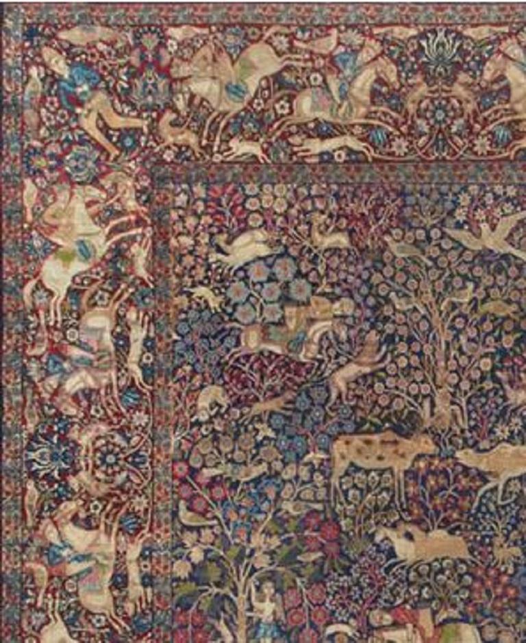 This is a truly unique and amazing piece, not only a superb rug but also a true work of art showing the skill and craftsmanship of a master weaver. The intricate details of hunting scenes, showing both the wild animals and nobles on horseback, cover