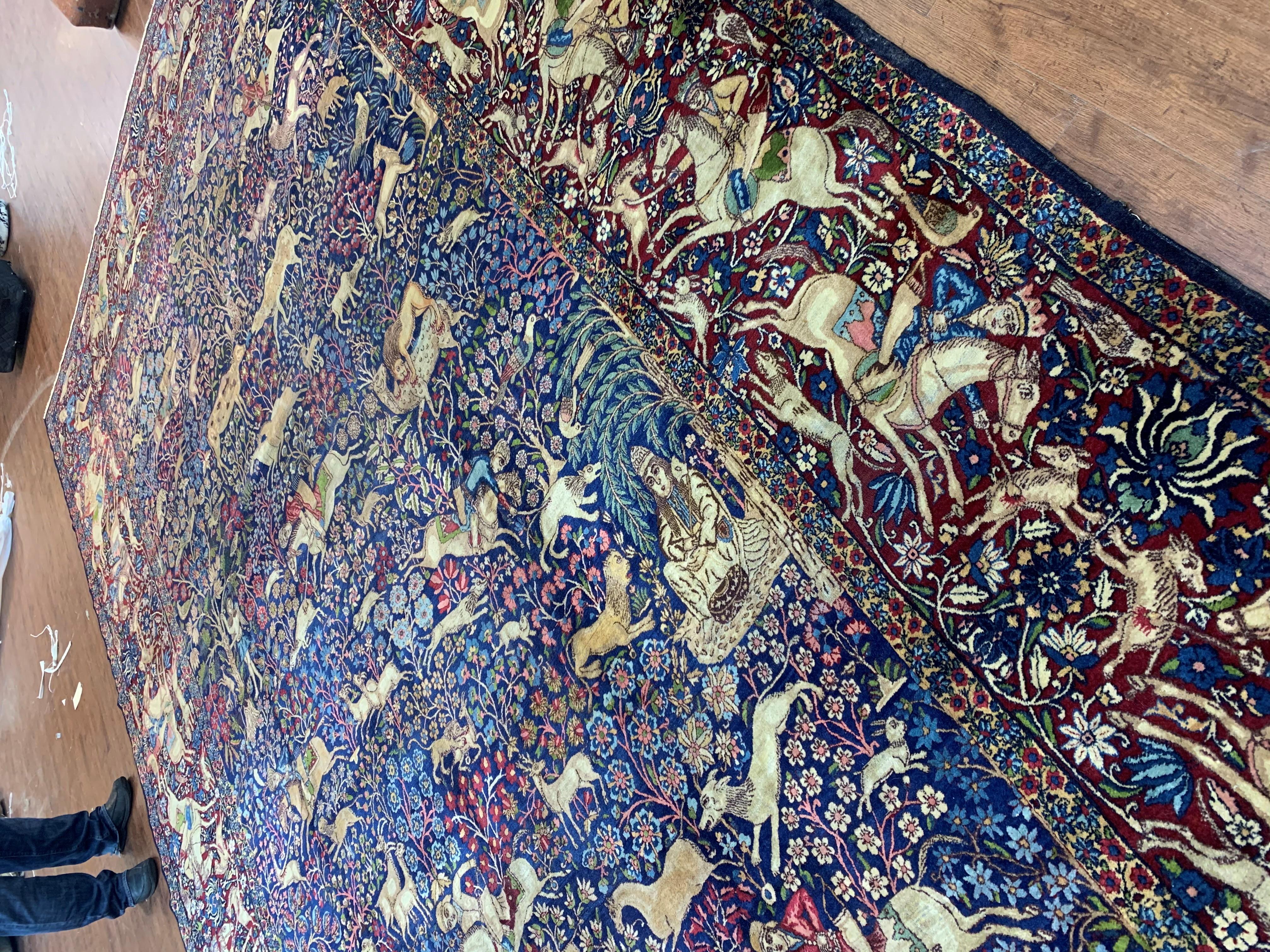 Wool Antique Pictorial Kirman Rug, circa 1890 11'3 x 19' For Sale