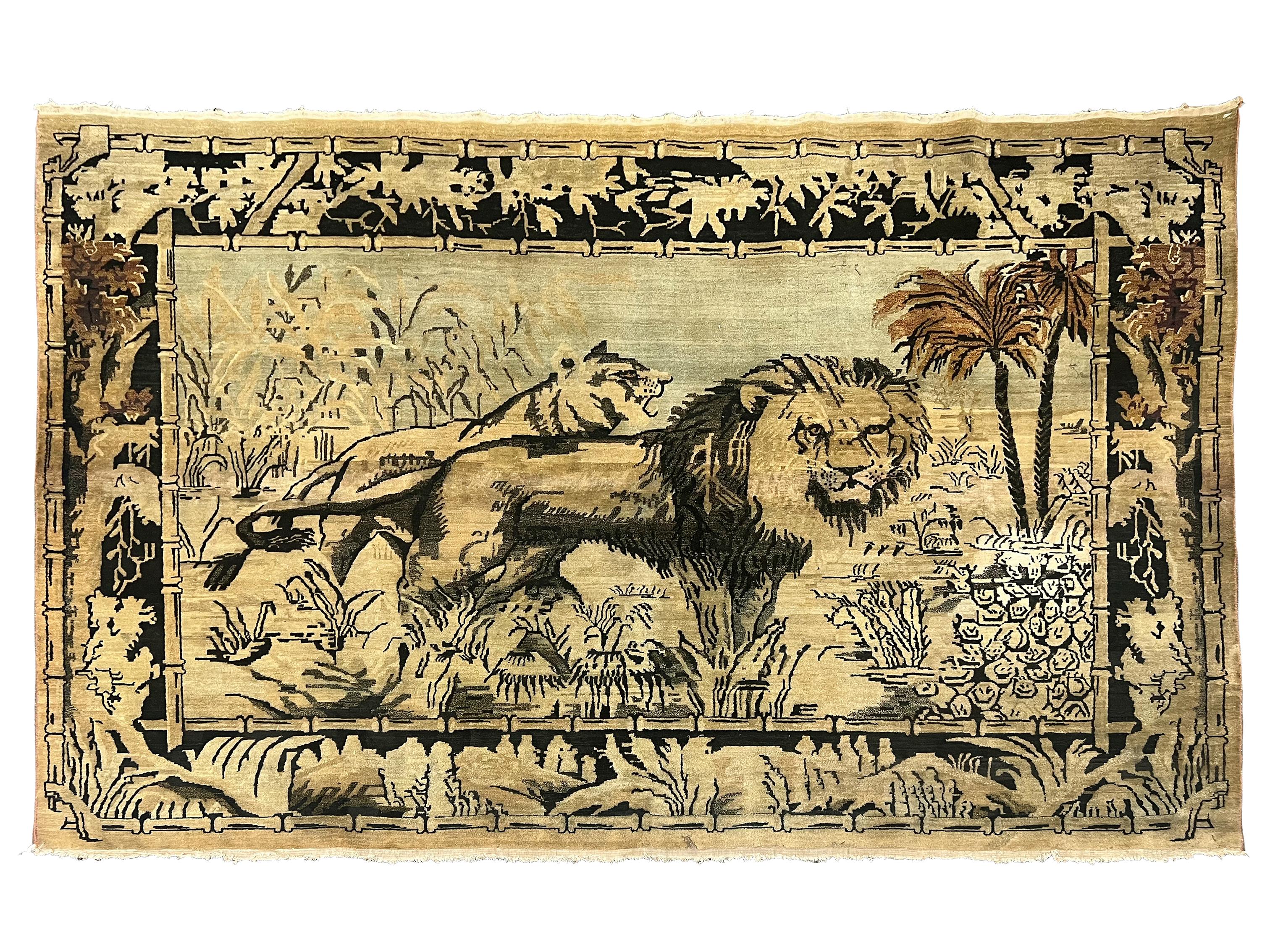Hand-knotted wool pile on a cotton foundation - 400 KPSI

Pictorial Lion and Lioness Landscape

Circa 1900

Dimensions: 4'1