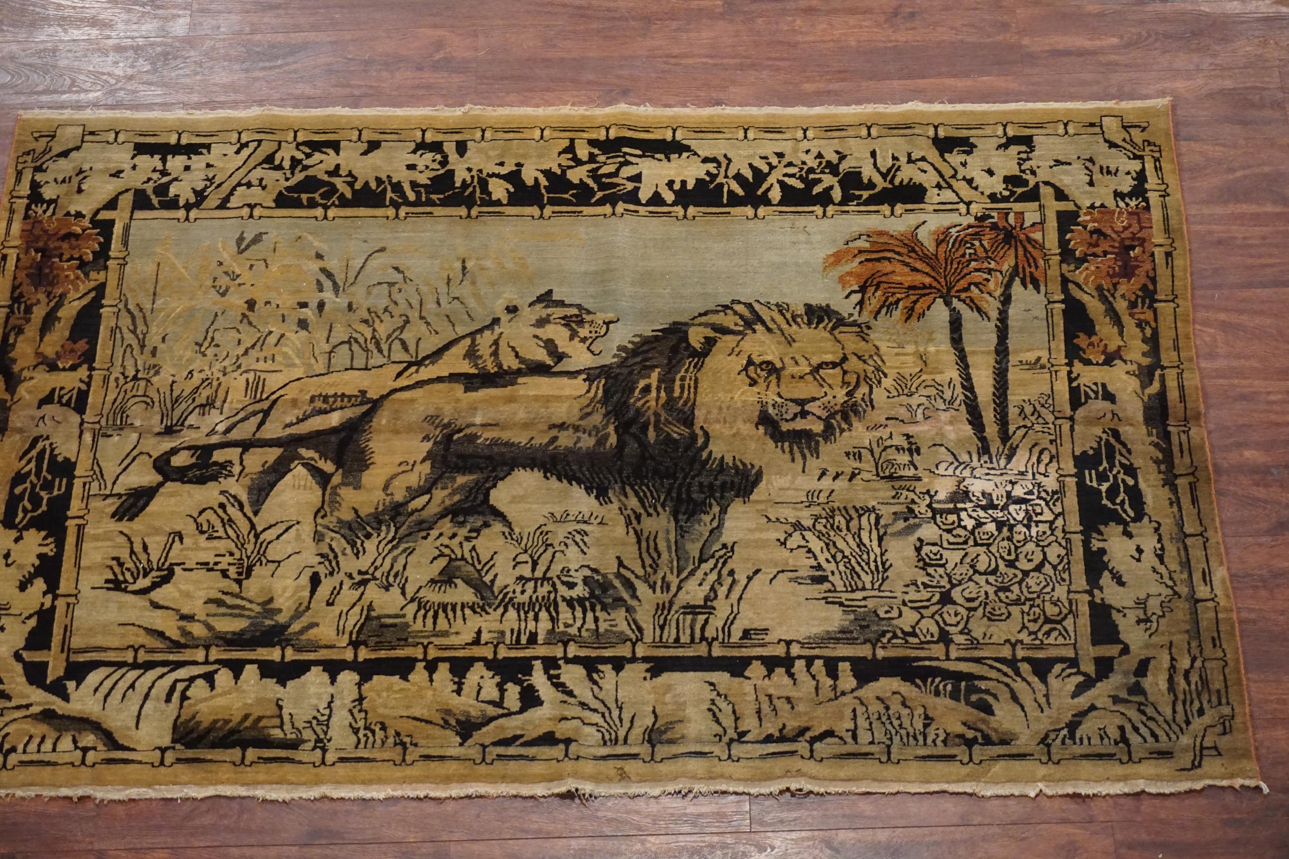 Hand-Knotted Antique Pictorial Lion and Lioness Agra, circa 1900 For Sale