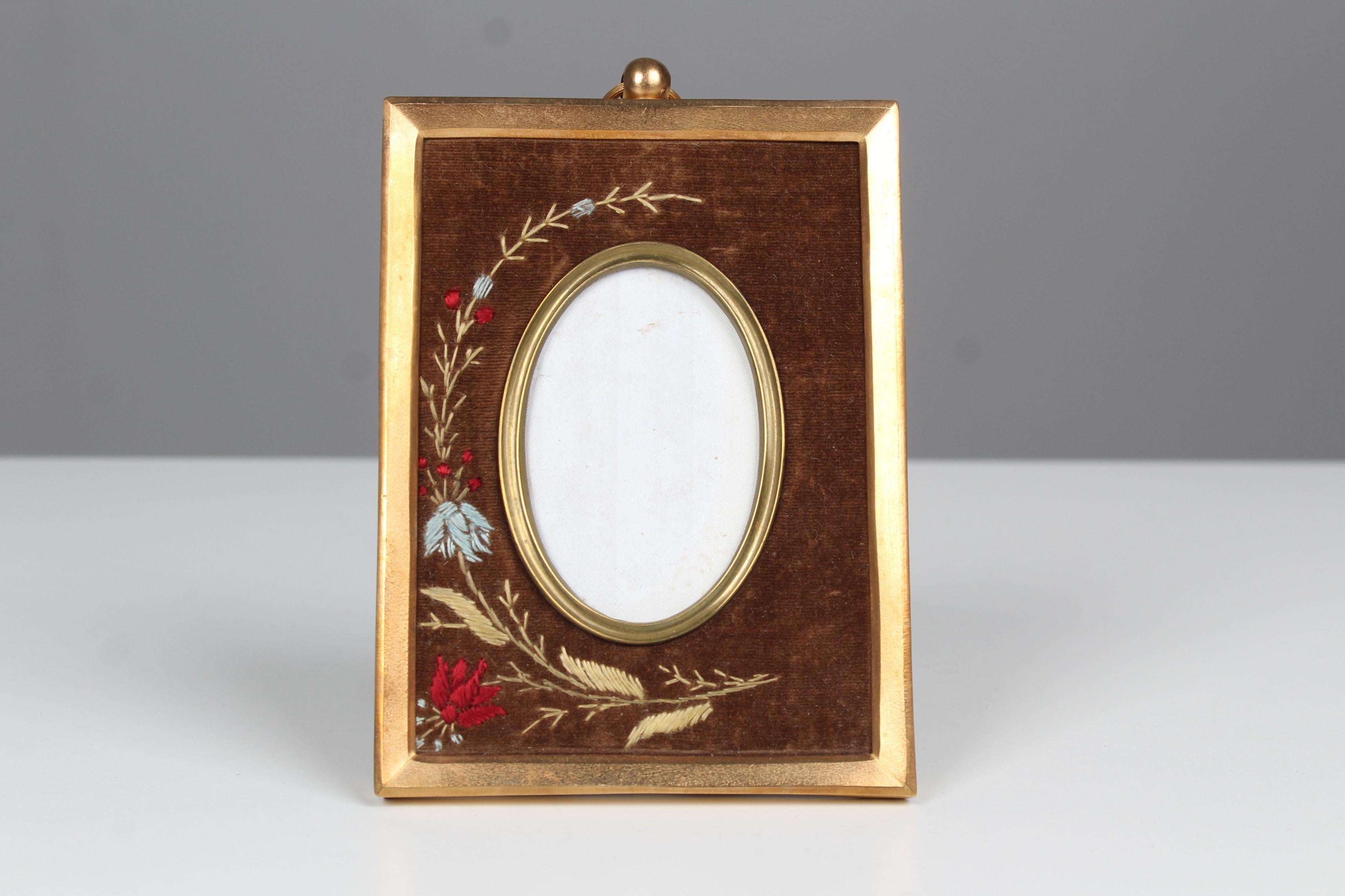 20th Century Antique Picture Frame, Brass With Embroided Fabric, 5 x 8 cm For Sale