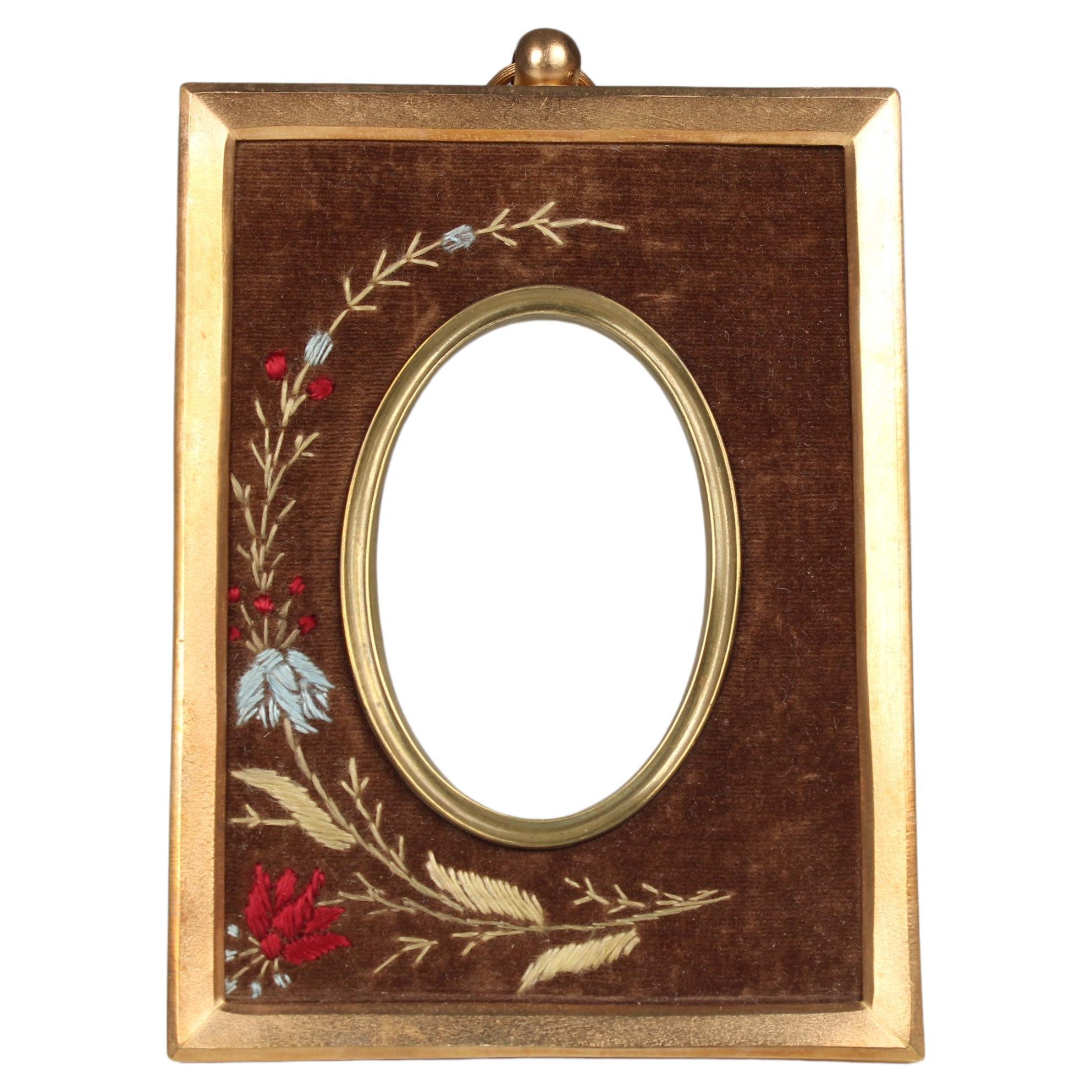 Antique Picture Frame, Brass With Embroided Fabric, 5 x 8 cm For Sale