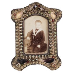 Cadre photo ancien, coquillages, Art nouveau, France, 5 x 8 cm