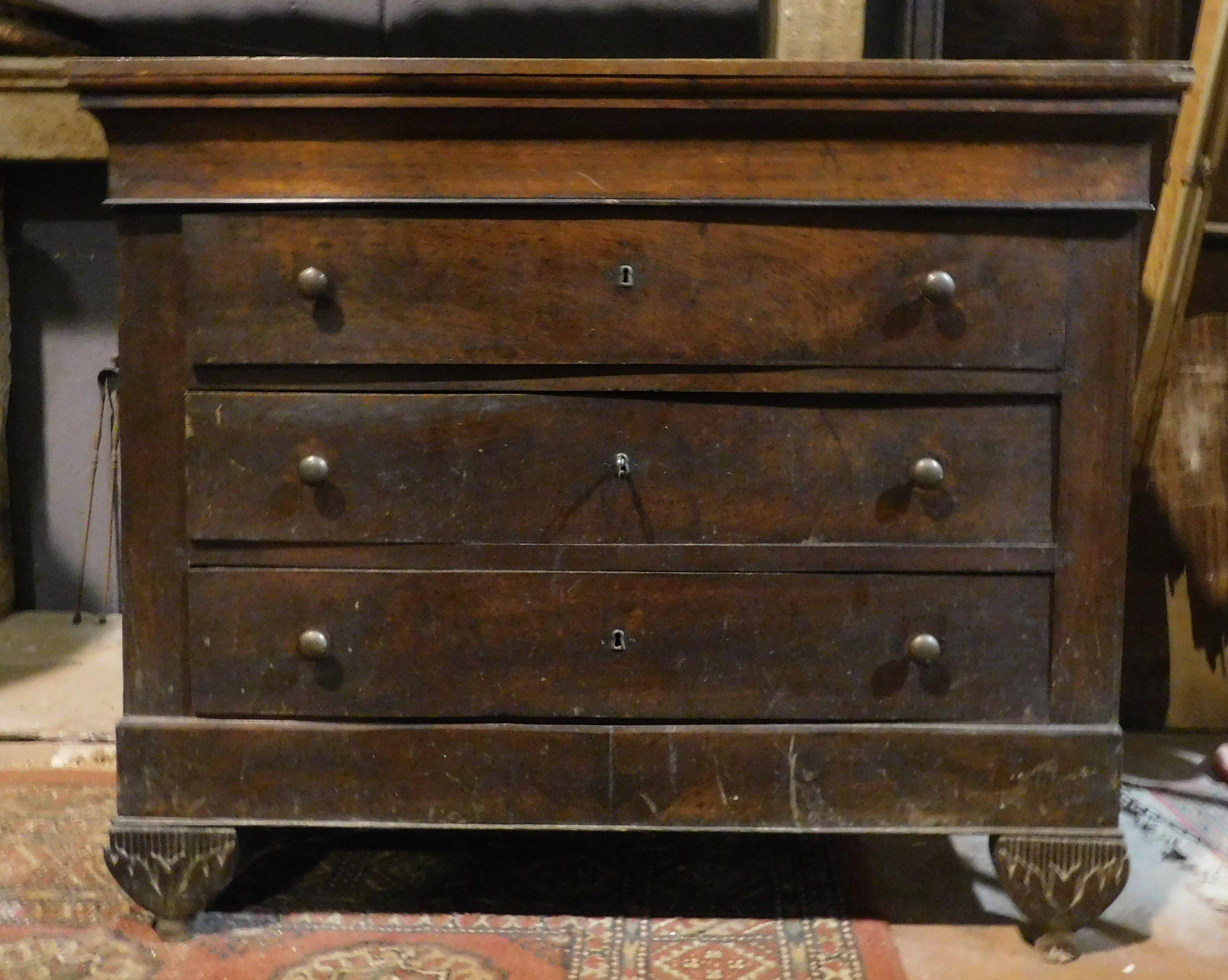 Italian Antique Piedmontese Chest of Drawers in Walnut, 19th Century Italy For Sale