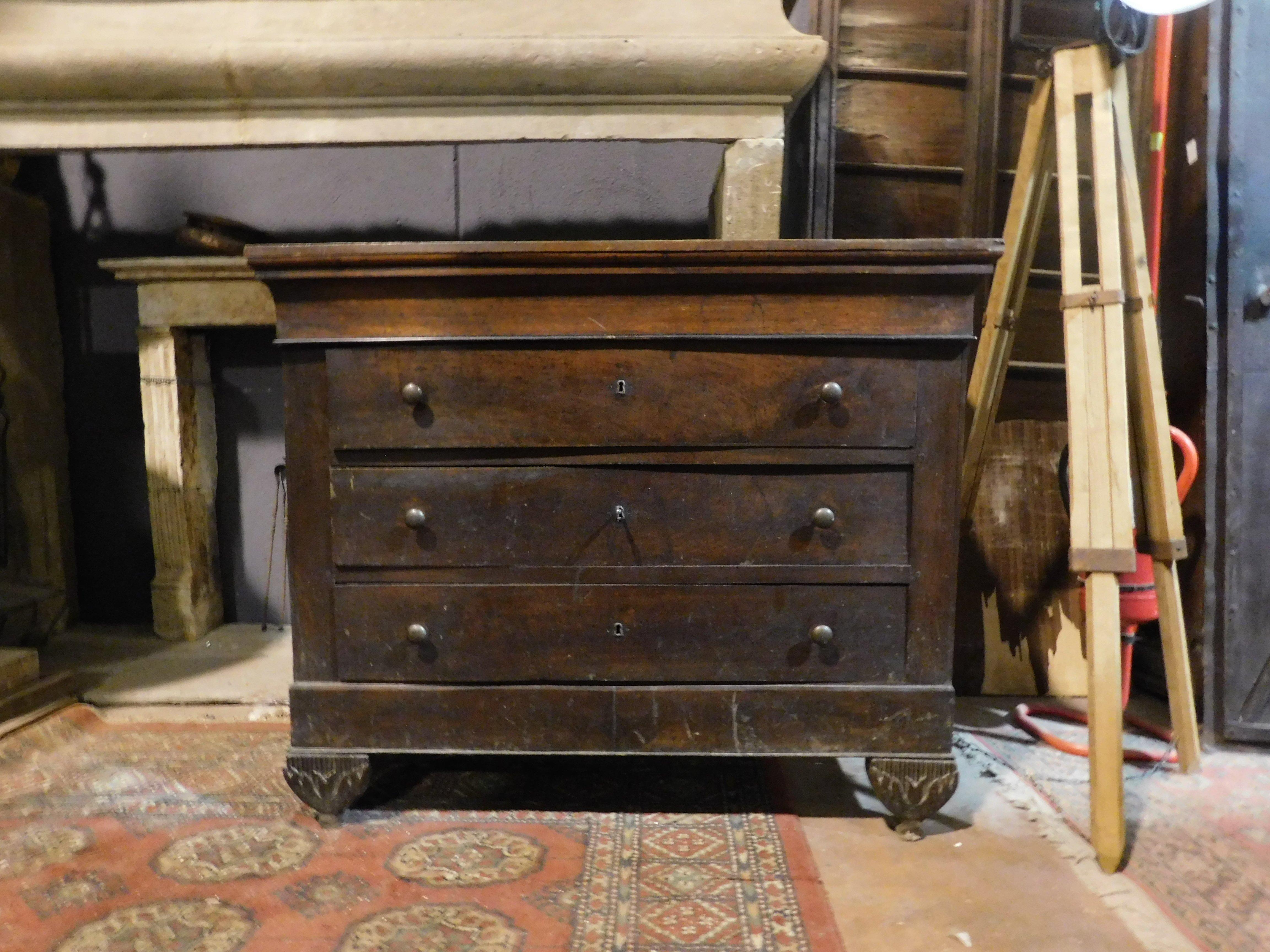 Hand-Carved Antique Piedmontese Chest of Drawers in Walnut, 19th Century Italy For Sale