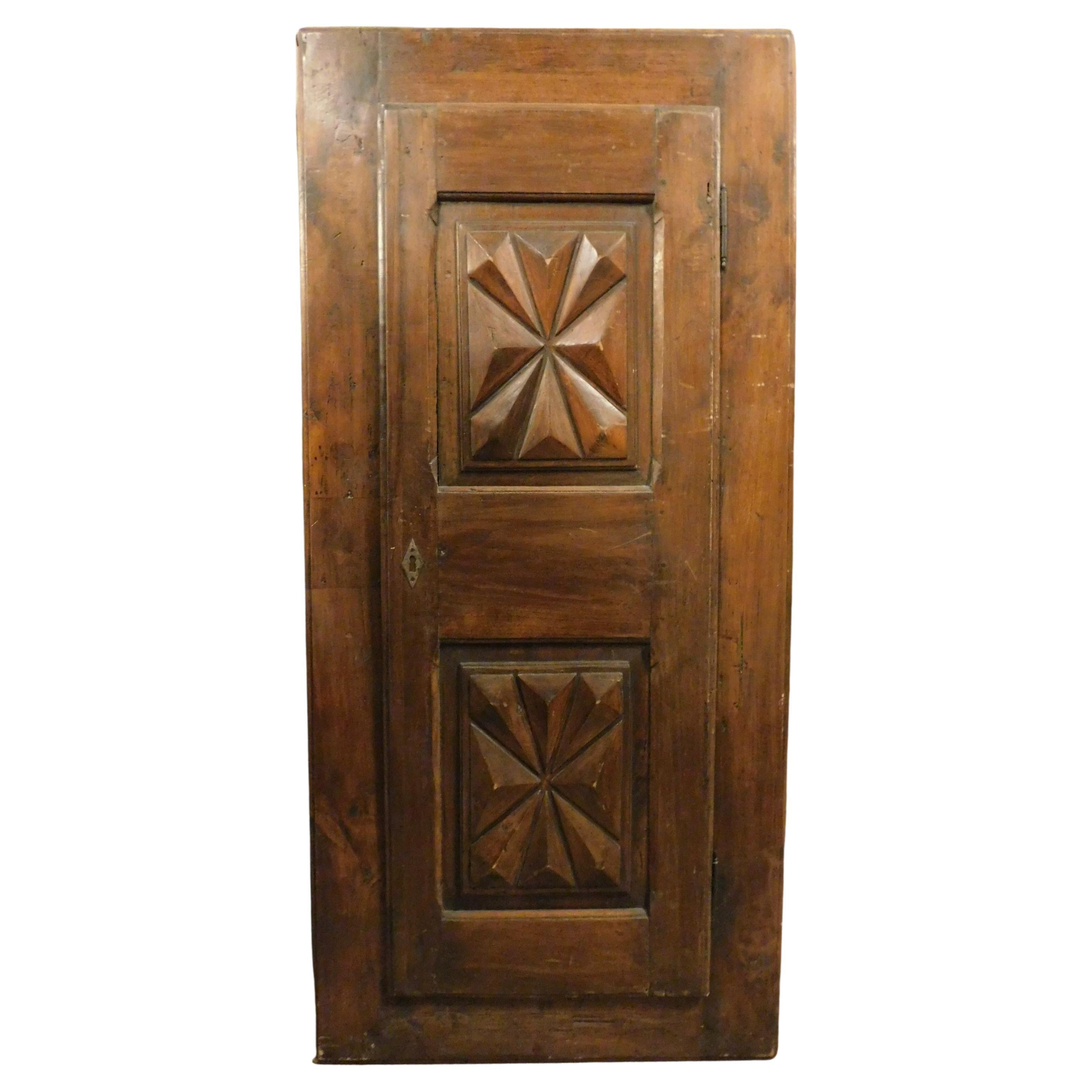 Antique Piedmontese Poplar Wall Cabinet, Hand Carved Diamond Point, 17th Century For Sale