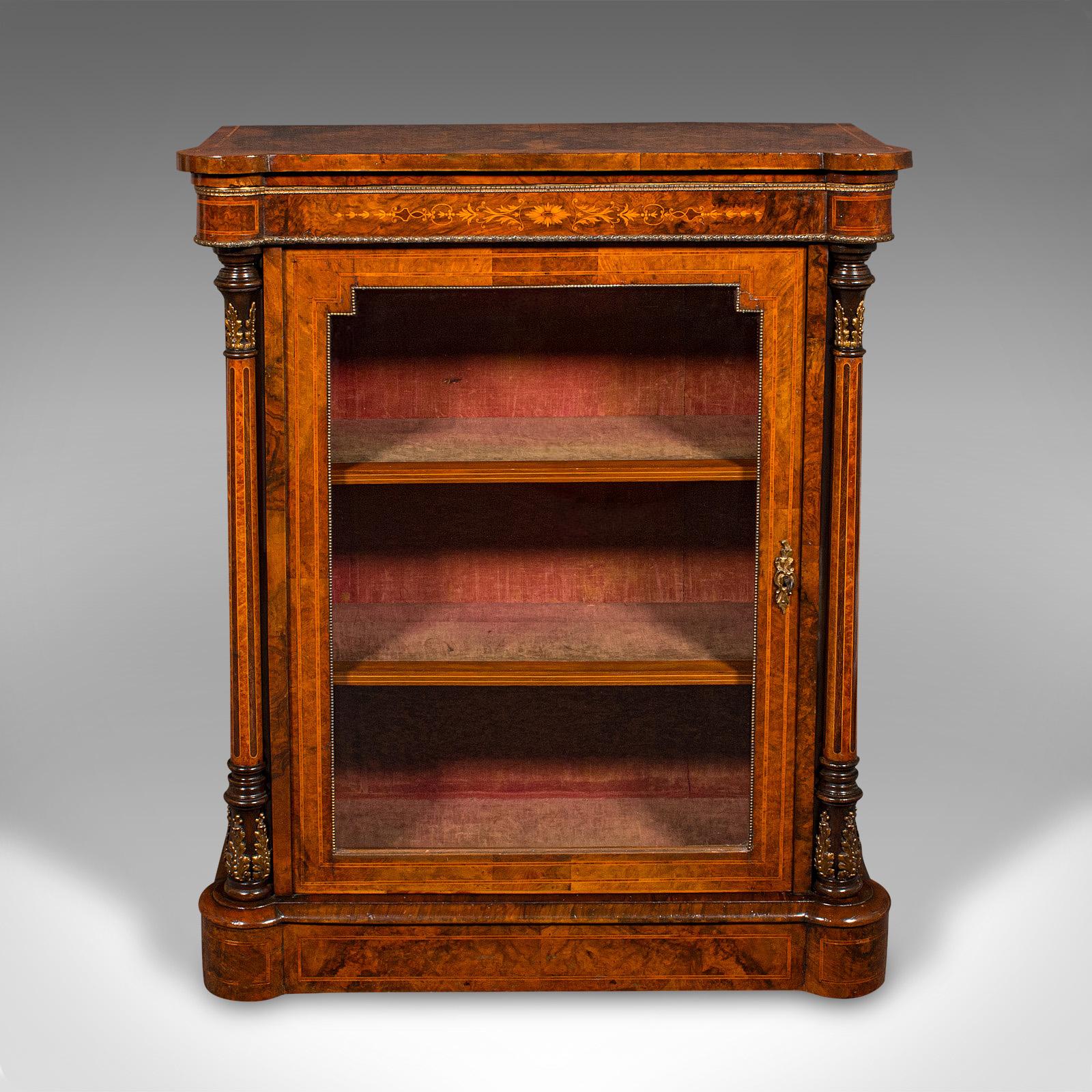 British Antique Pier Display Cabinet, English Walnut, Boxwood, Glazed Bookcase, Regency