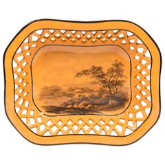 Antique Pierced Basket Painted with Country Scene England Circa 1820