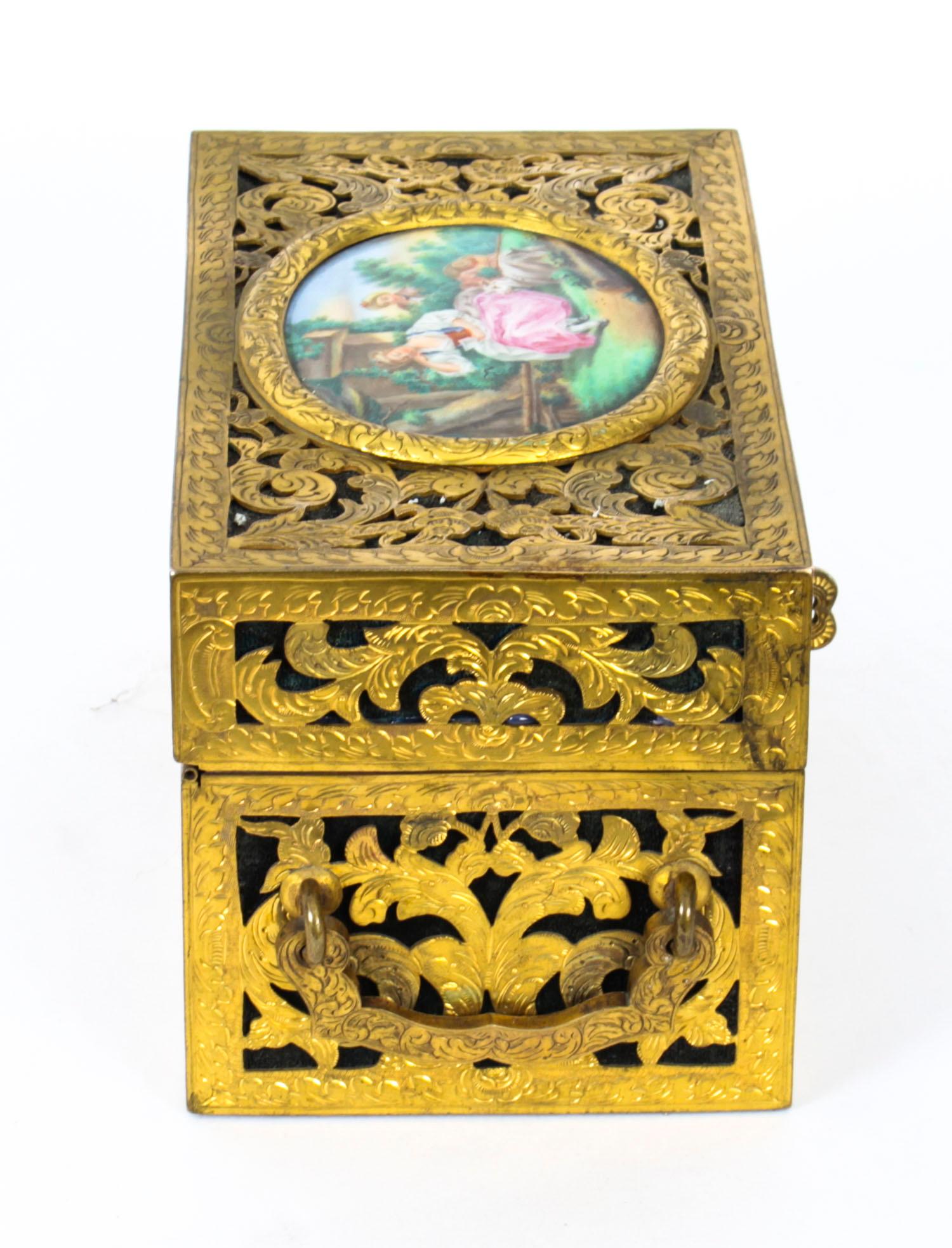Antique Pierced Brass Palais Royal Porcelain Mounted Casket, 19th C For Sale 11