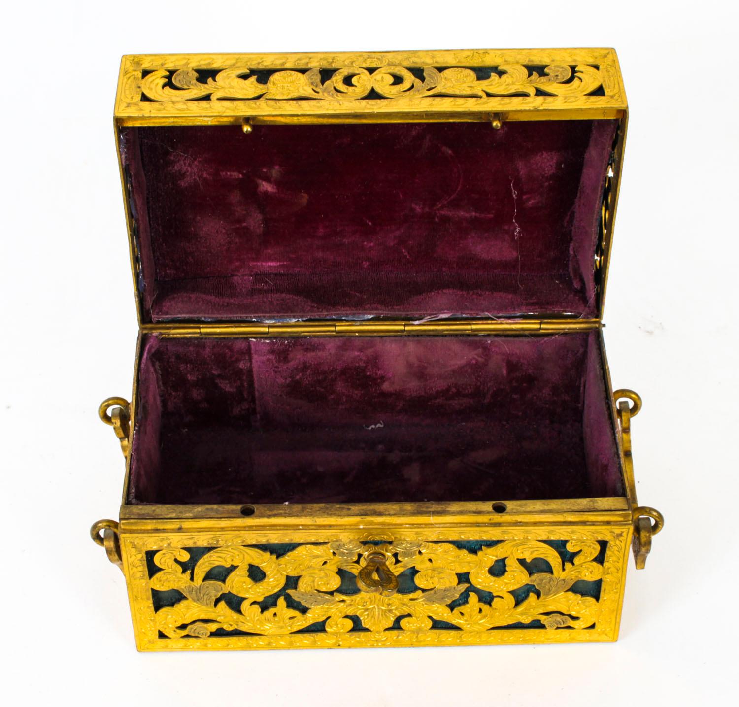 Antique Pierced Brass Palais Royal Porcelain Mounted Casket, 19th C In Good Condition For Sale In London, GB