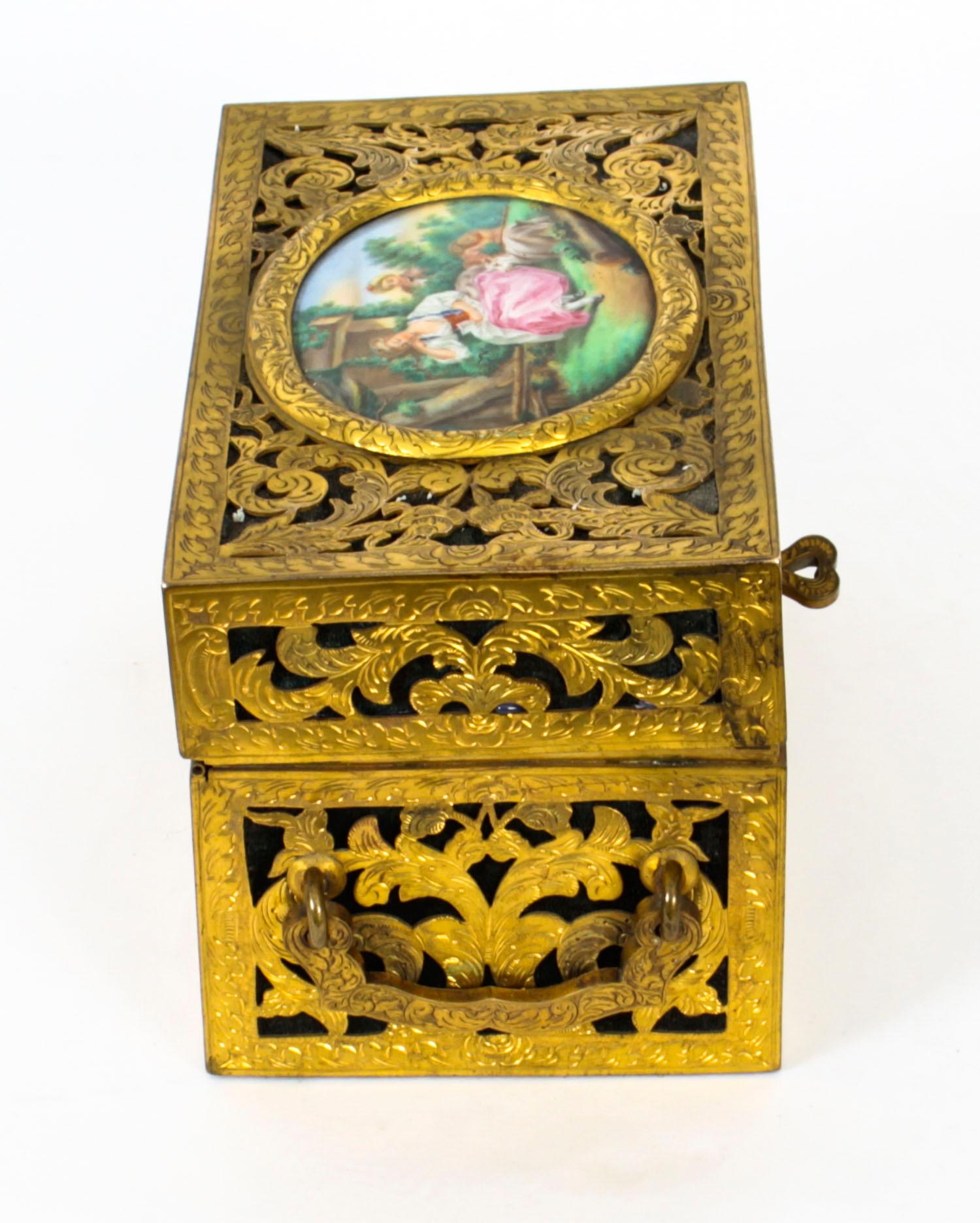 Antique Pierced Brass Palais Royal Porcelain Mounted Casket, 19th C For Sale 3