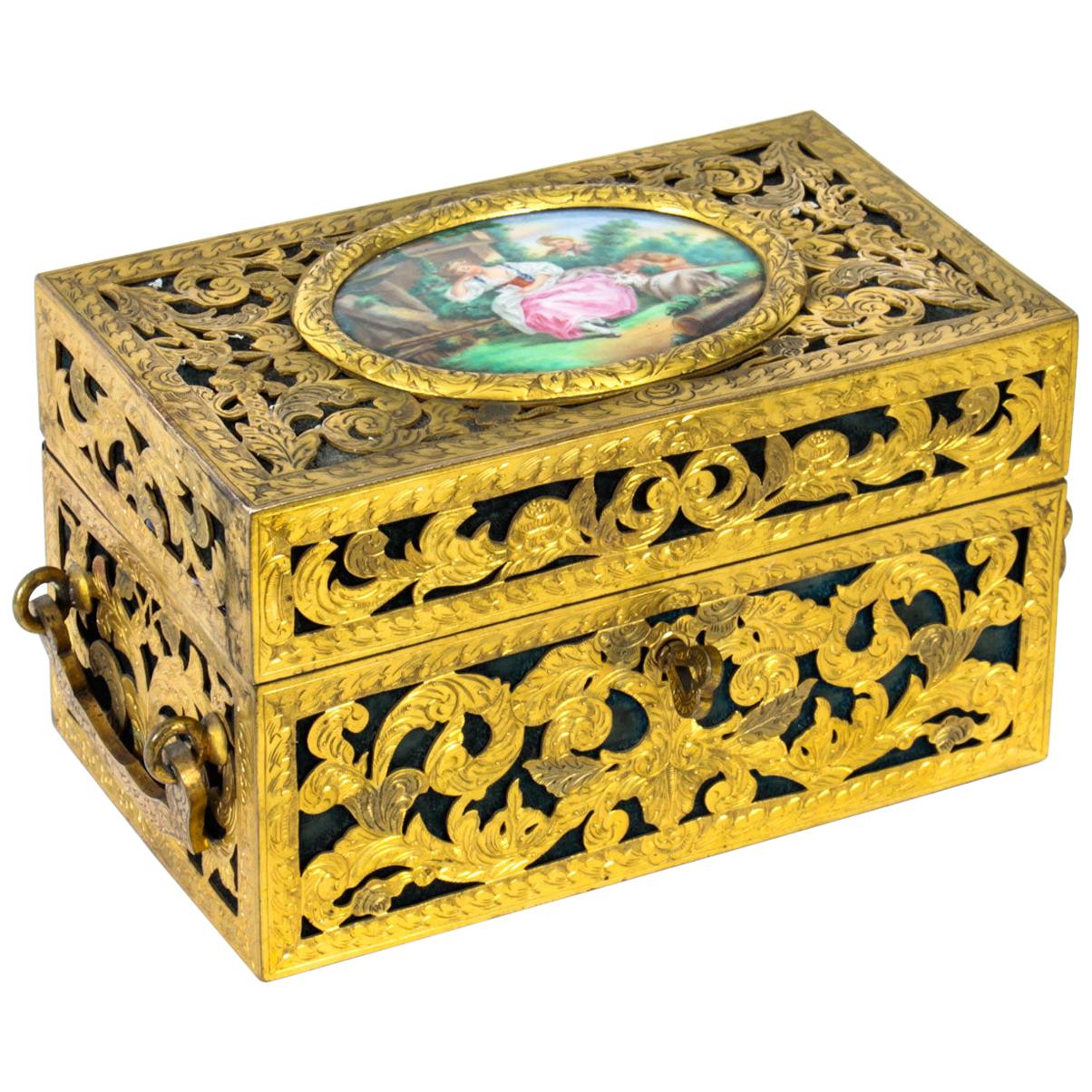 Antike antike Palais Royal Porzellan-Koffer mit durchbrochenem Messing, 19. Jahrhundert