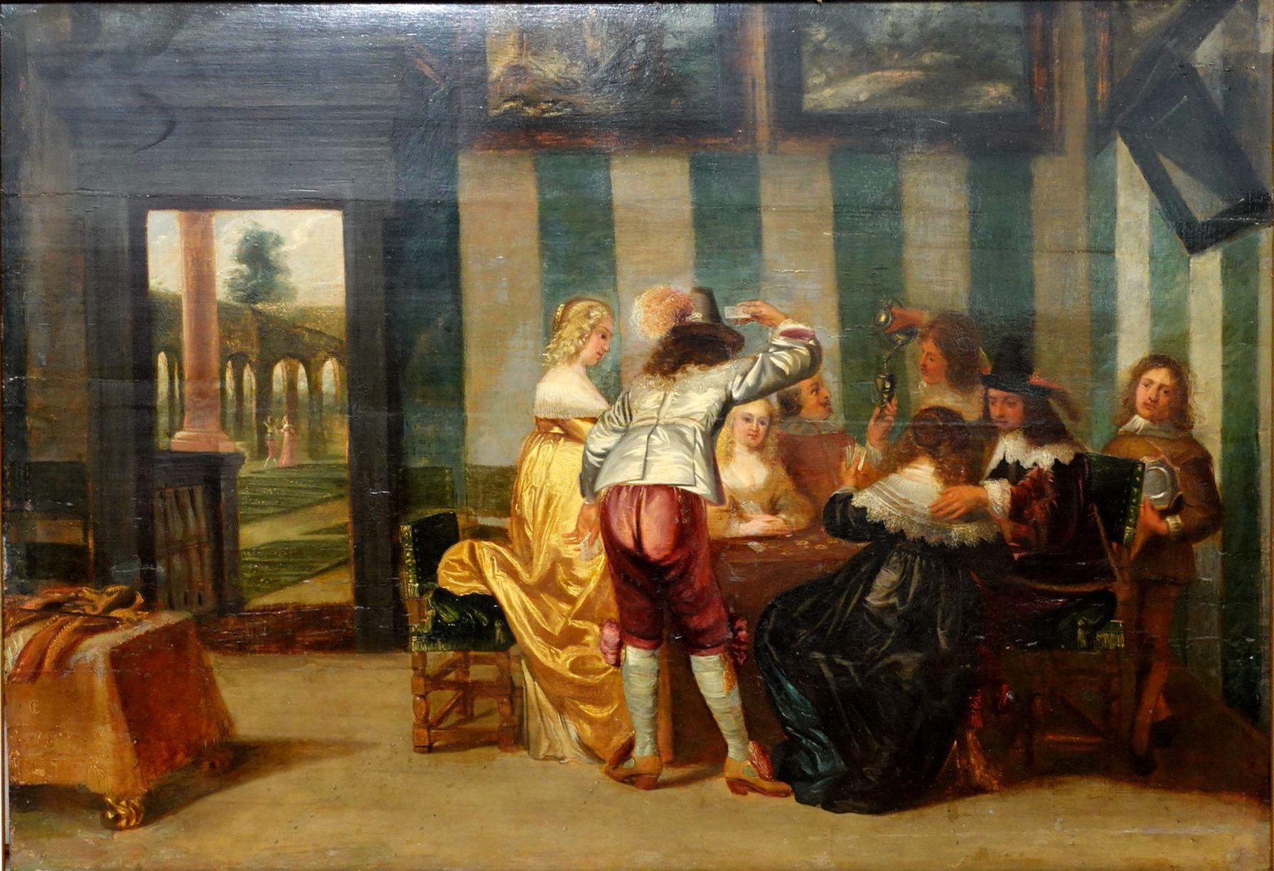 Ölgemälde auf Karton von Pieter Jacobsz Codde, 1599 bis 1678, einem niederländischen Künstler. Das Kunstwerk stellt eine Genreszene in einem Innenraum dar, eine Gesellschaft, die trinkt und Karten spielt. Das Monogramm des Künstlers befindet sich