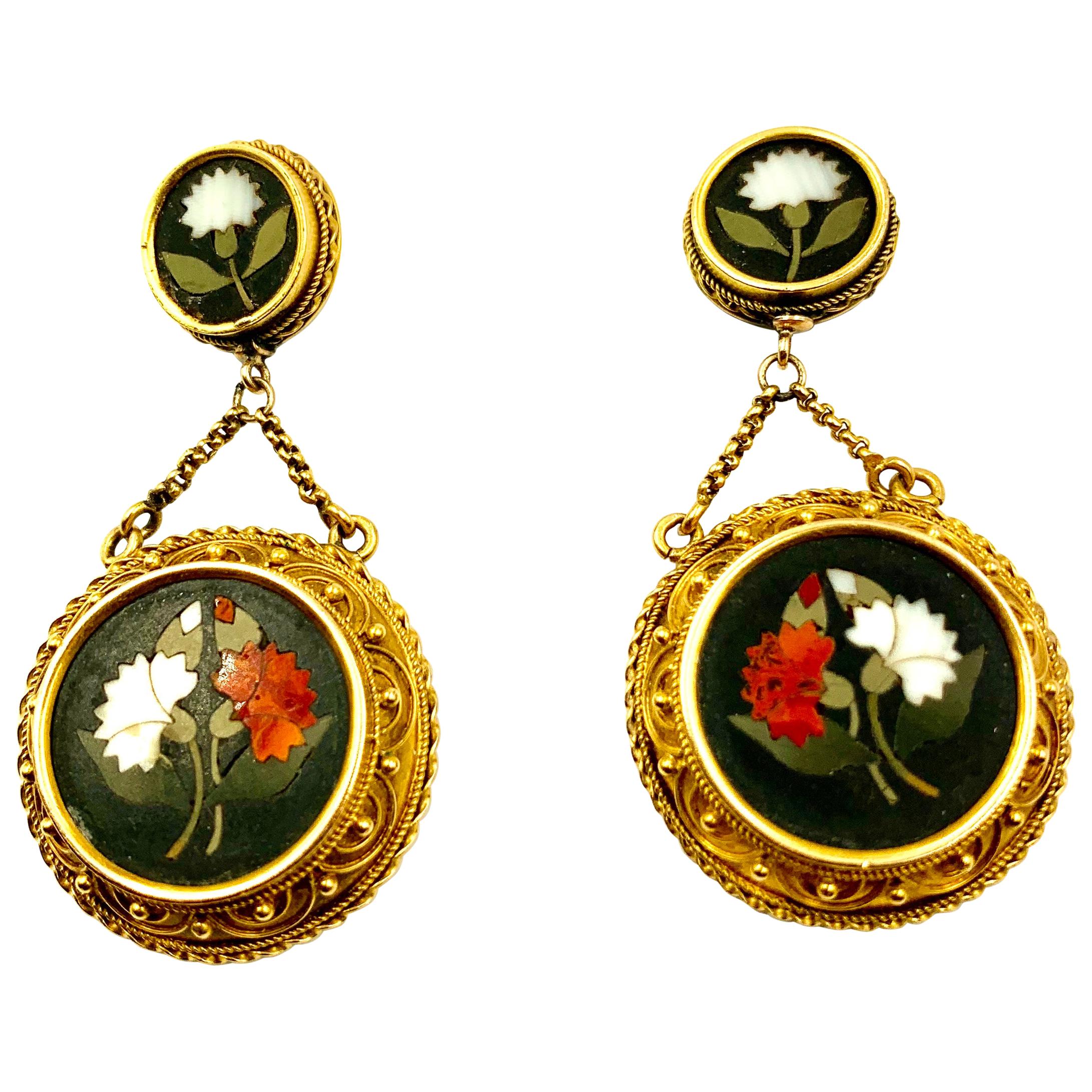 Antique Archaelogical Revival Pietra Dura 18k Gold Carnation Flower Earrings For Sale
