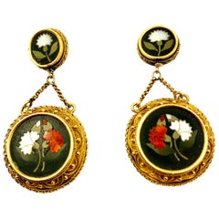 Antique Archaelogical Revival Pietra Dura 18k Gold Carnation Flower Earrings