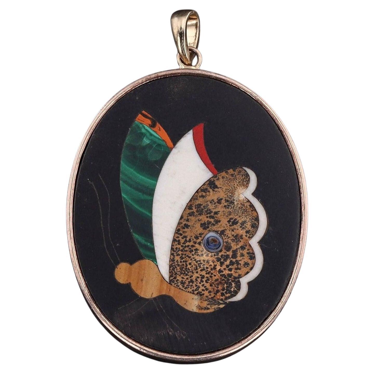 Antique Pietra Dura Butterfly Conversion Pendant of 14k Gold