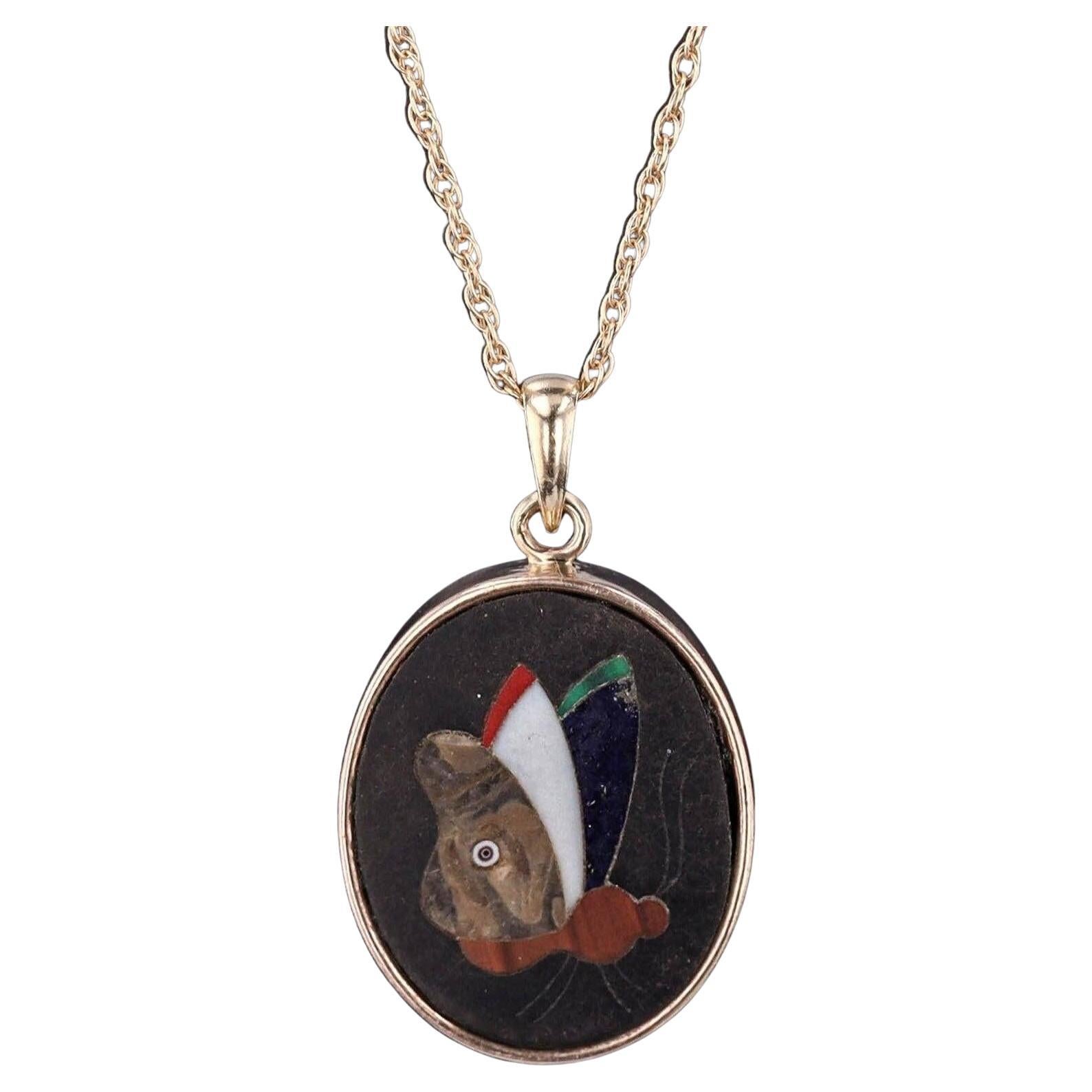 Antique Pietra Dura Butterfly Necklace of 14k Gold
