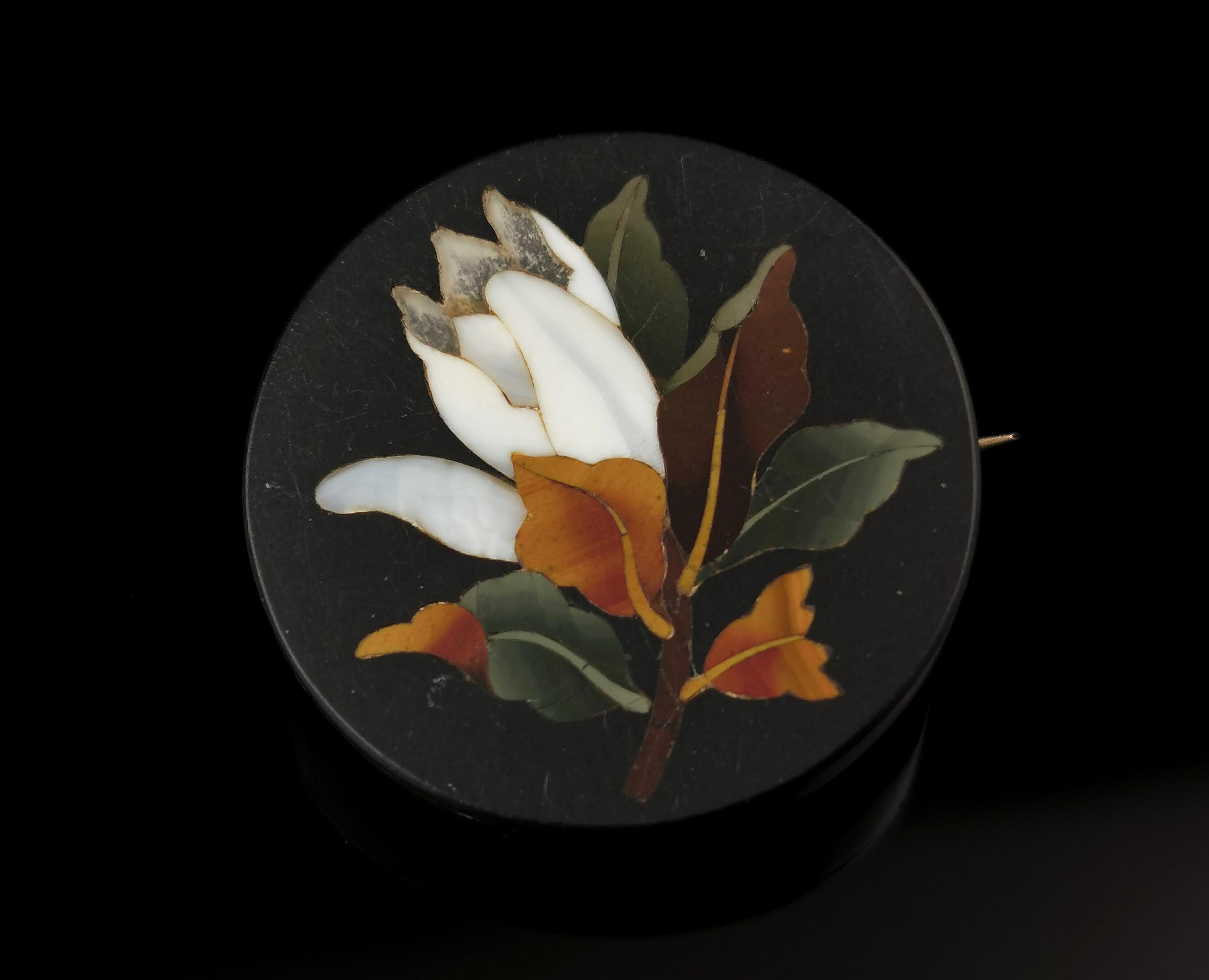 Women's Antique Pietra Dura flower brooch, Victorian 