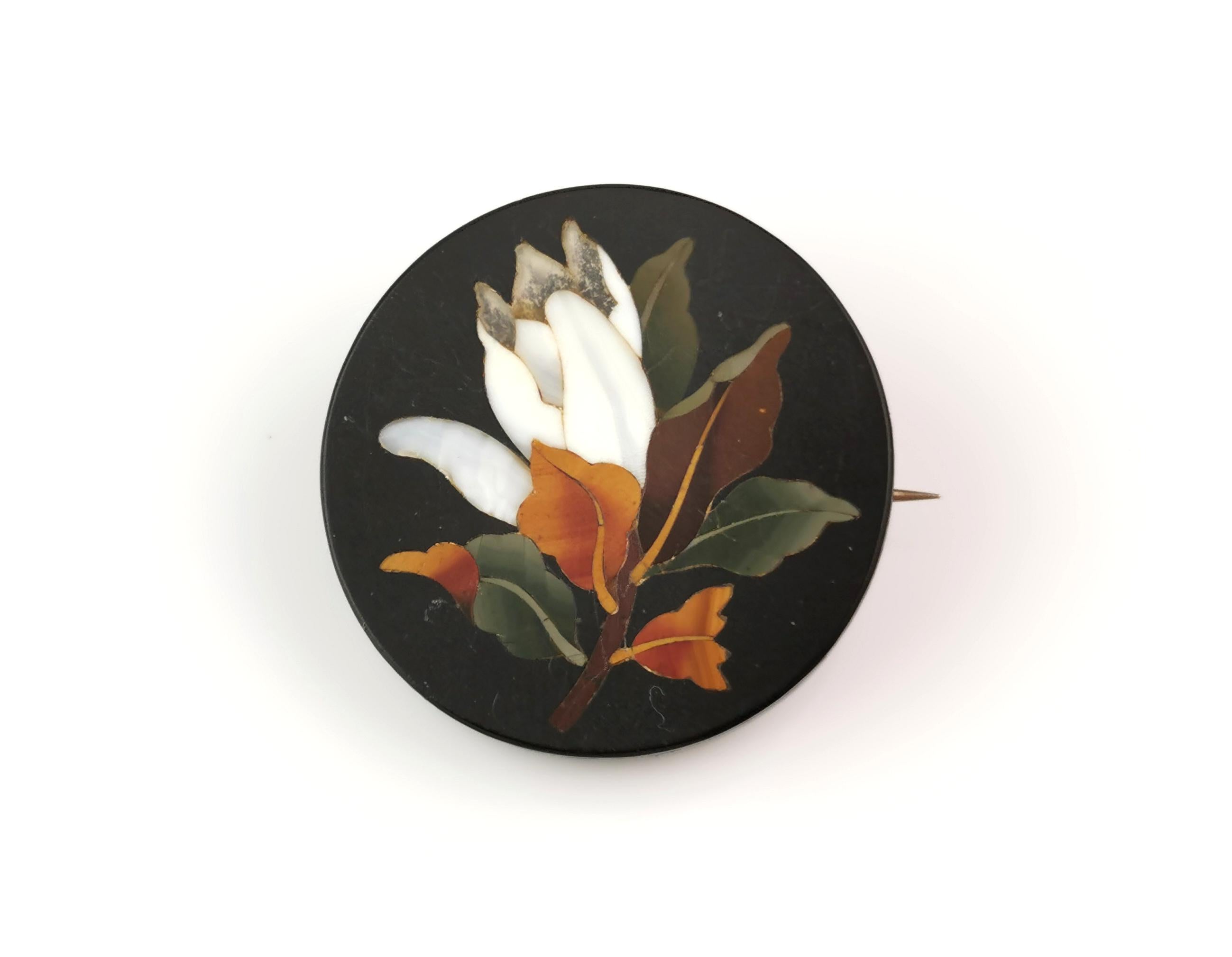 Antique Pietra Dura flower brooch, Victorian  5