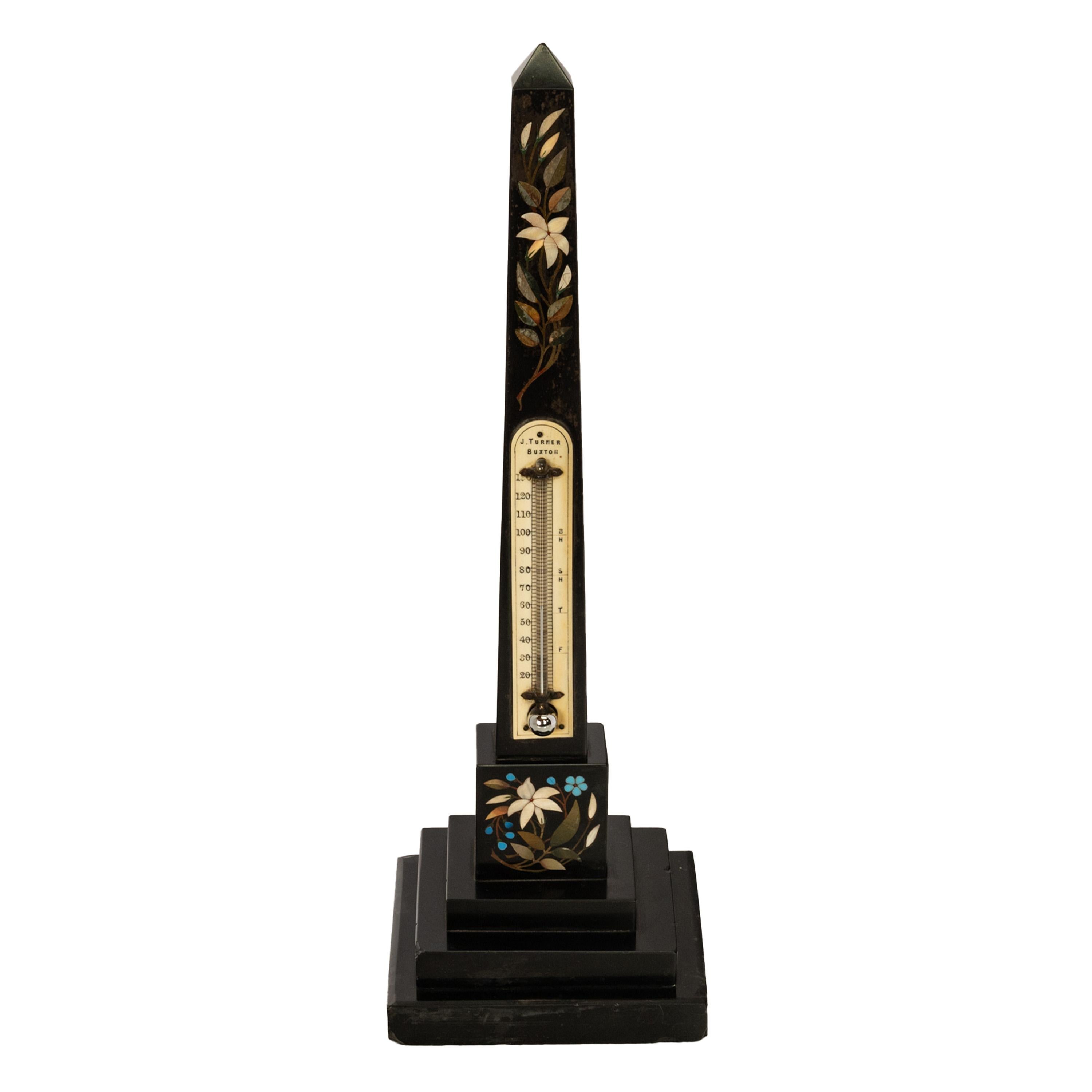 A fine & large antique black marble & specimen stone desk obelisk & thermometer, Ashford Derbyshire, circa 1860.
This large 14.75