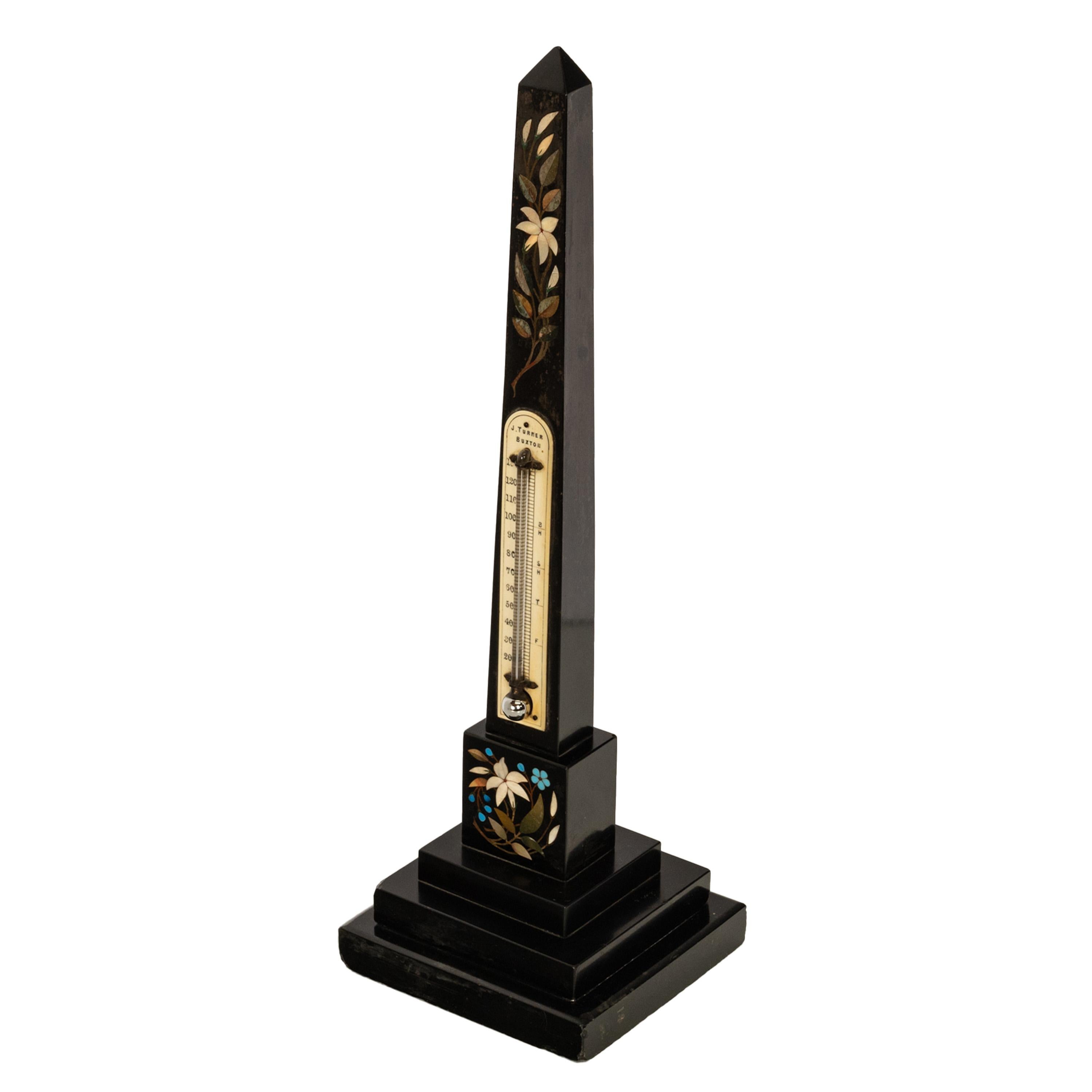Victorian Antique Pietra Dura Marble Ashford Desk Obelisk Thermometer Buxton Derbyshire For Sale