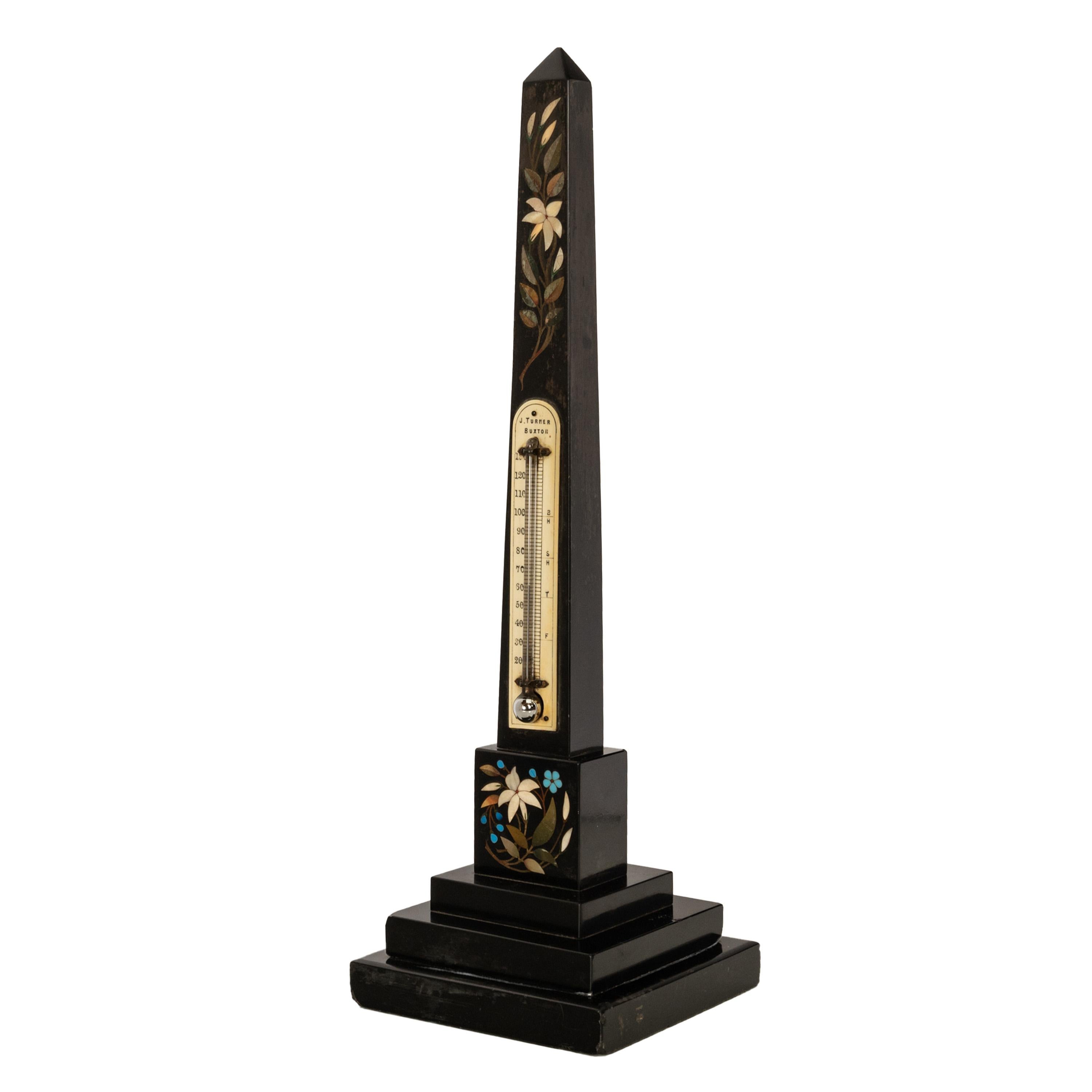 English Antique Pietra Dura Marble Ashford Desk Obelisk Thermometer Buxton Derbyshire For Sale