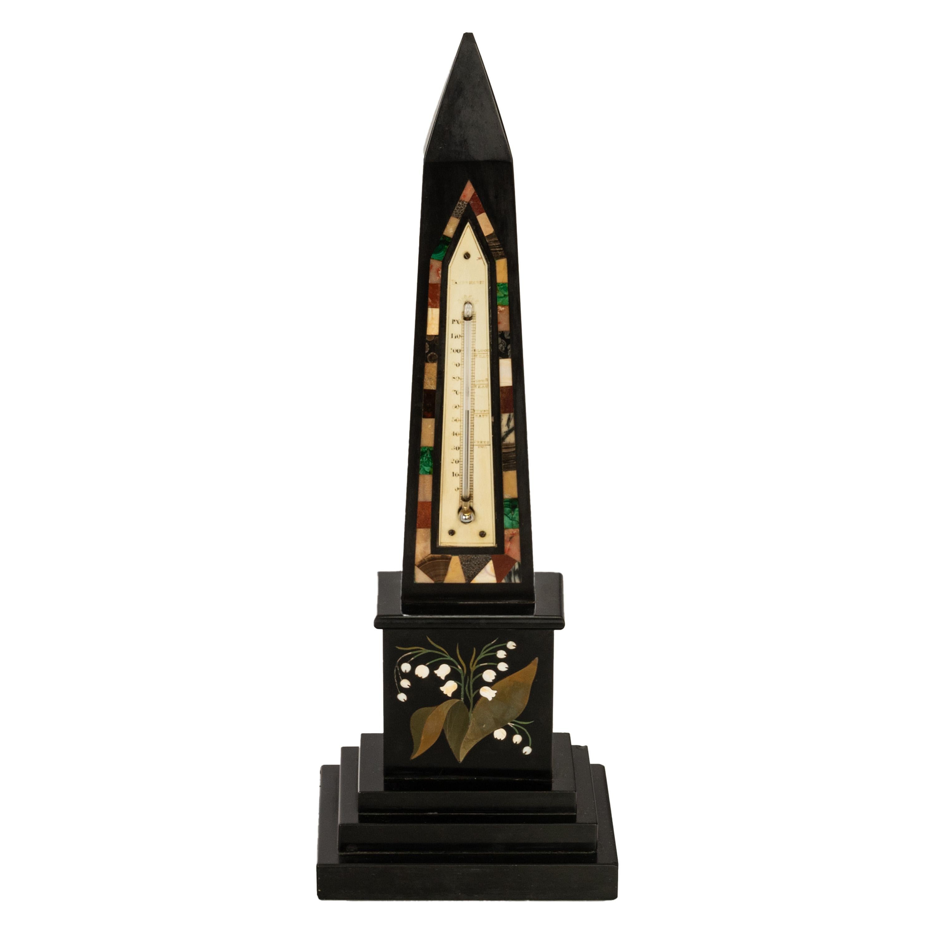 A fine & large antique black marble & specimen stone desk obelisk & thermometer, Ashford Derbyshire, circa 1860.
This large 15.5
