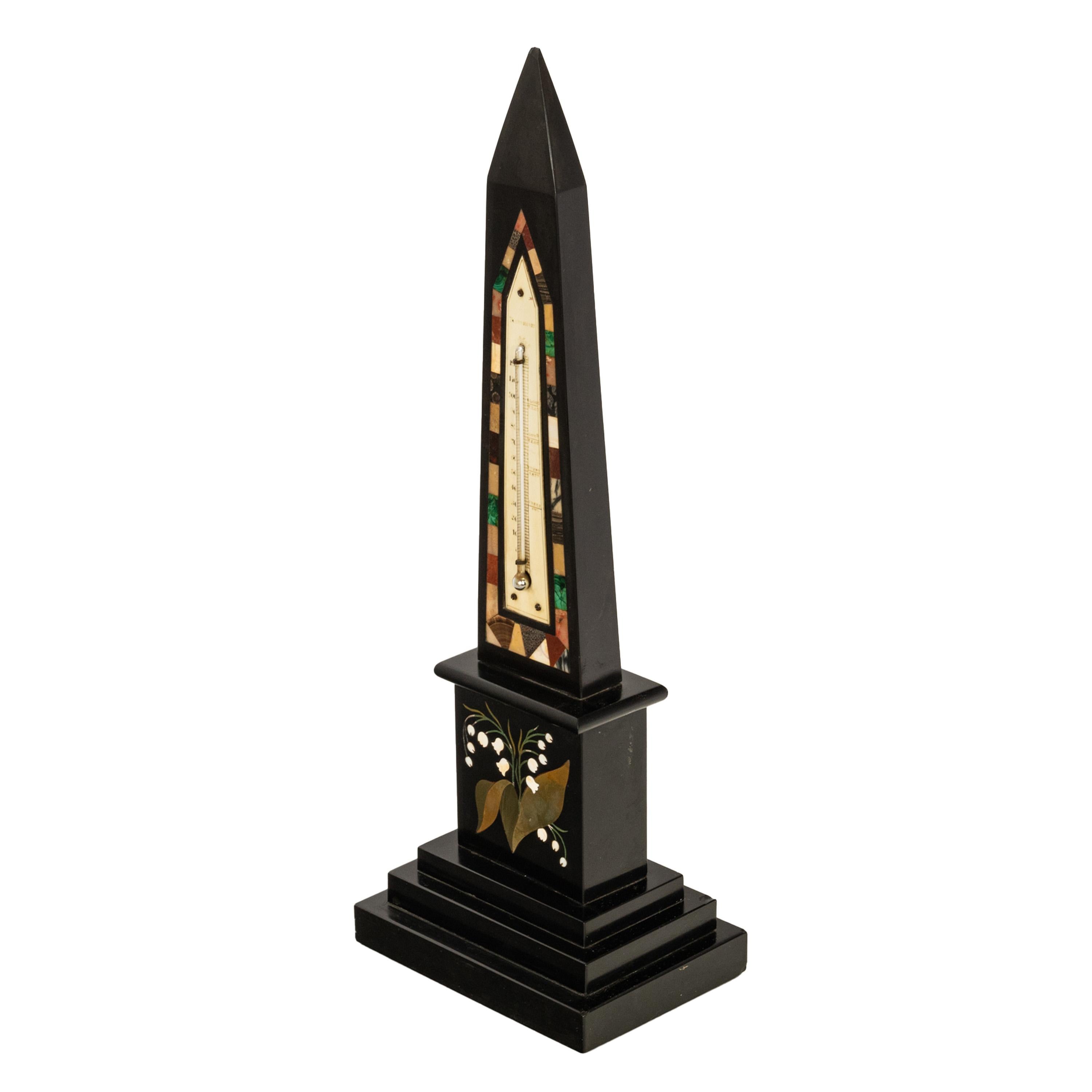 Victorian Antique Pietra Dura Marble Desk Obelisk Thermometer Ashford Blue John Derbyshire For Sale