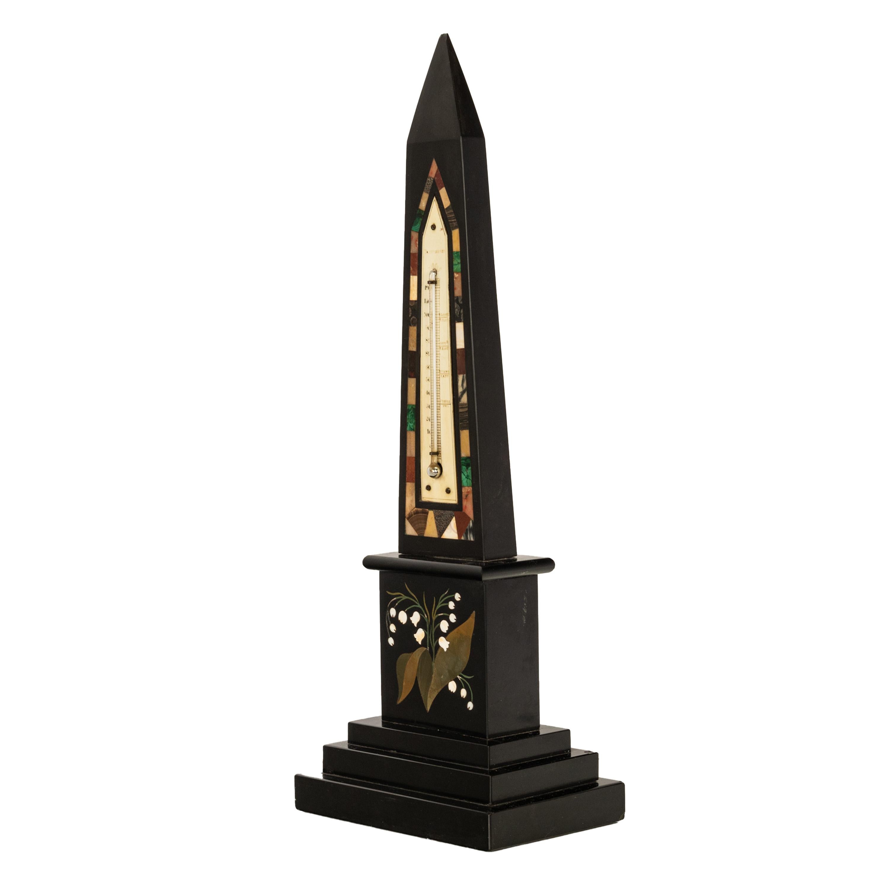 English Antique Pietra Dura Marble Desk Obelisk Thermometer Ashford Blue John Derbyshire For Sale
