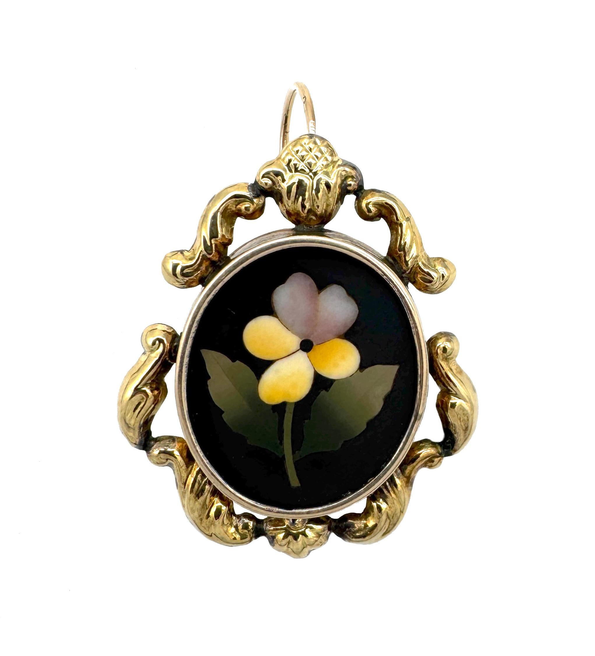 Women's Antique Pietre Dure Pansy Drop Earrings 14K Yellow Gold For Sale