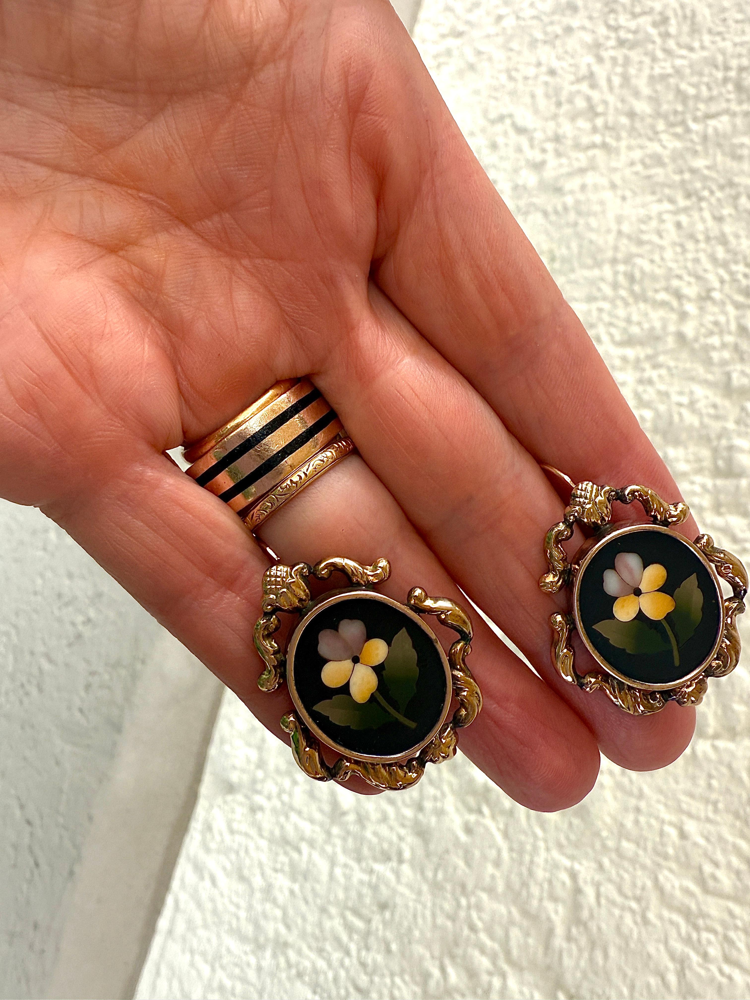 Antique Pietre Dure Pansy Drop Earrings 14K Yellow Gold For Sale 1