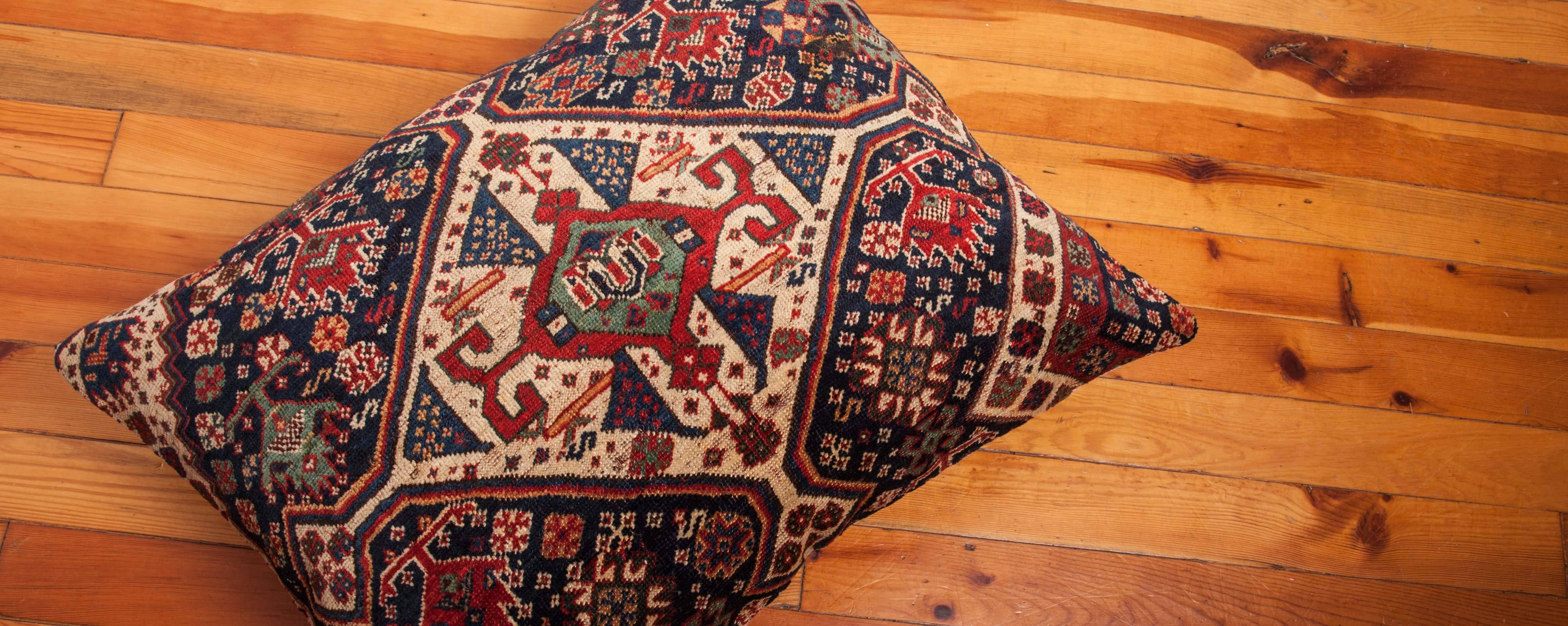 Wool Antique Pillow Case Fashioned from an 19th Century Kashgai Rug Fragment