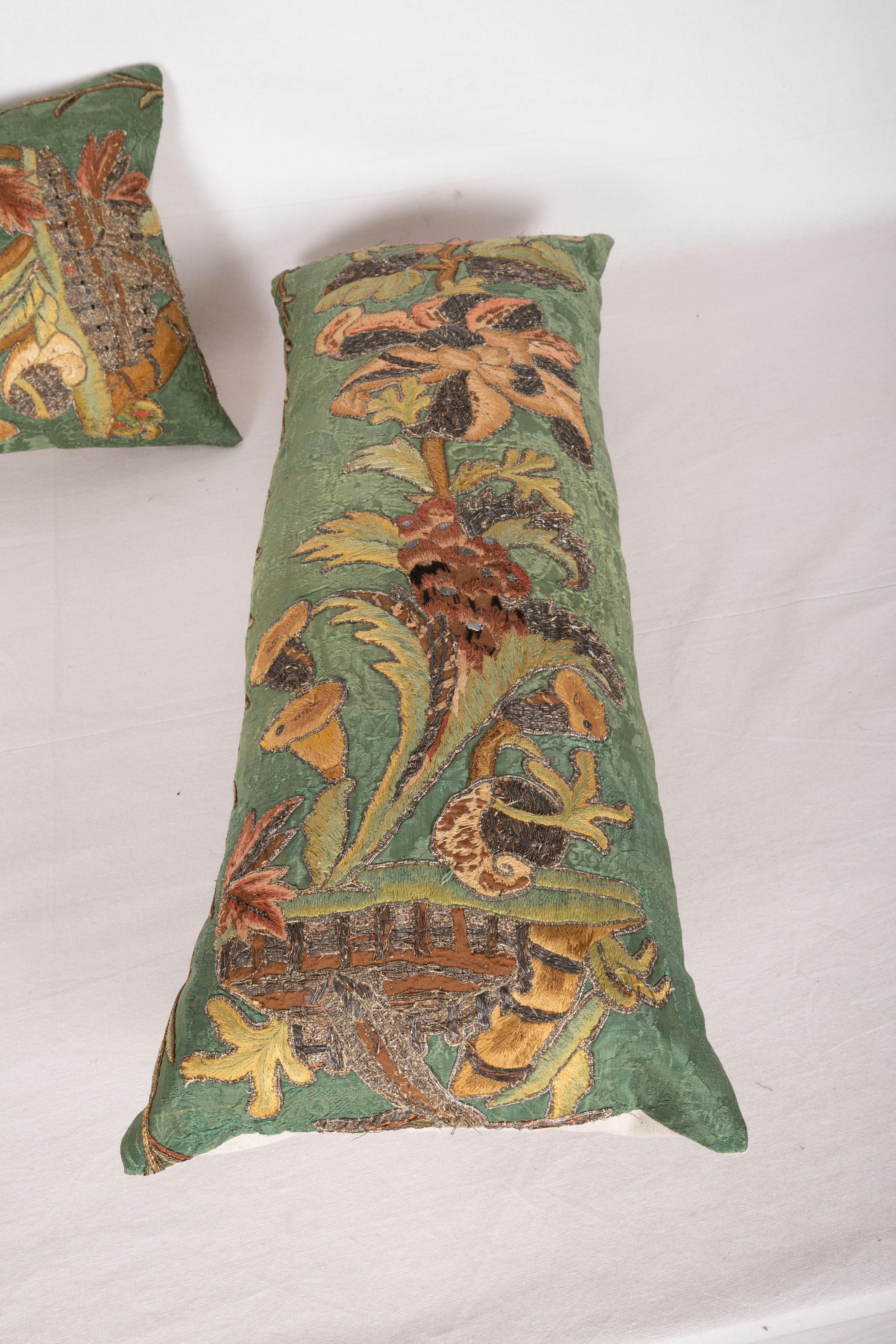 18th Century and Earlier Antique Pillow Cases Fashioned from an Embroidered European Applique Panel