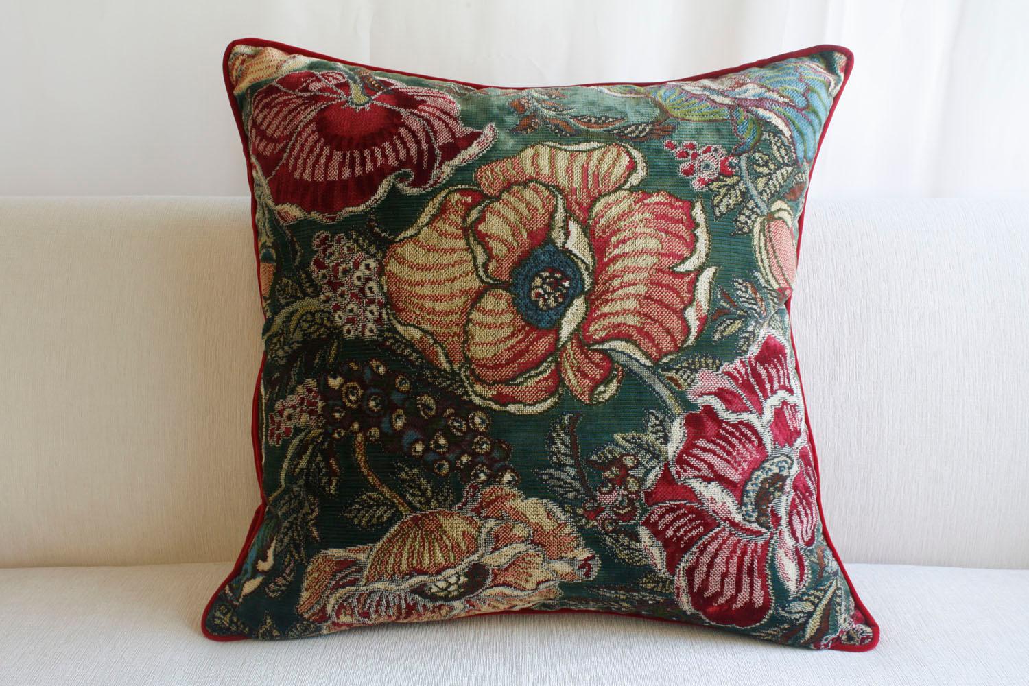 French Antique Pillows with Red Velvet Floral Elegance For Sale