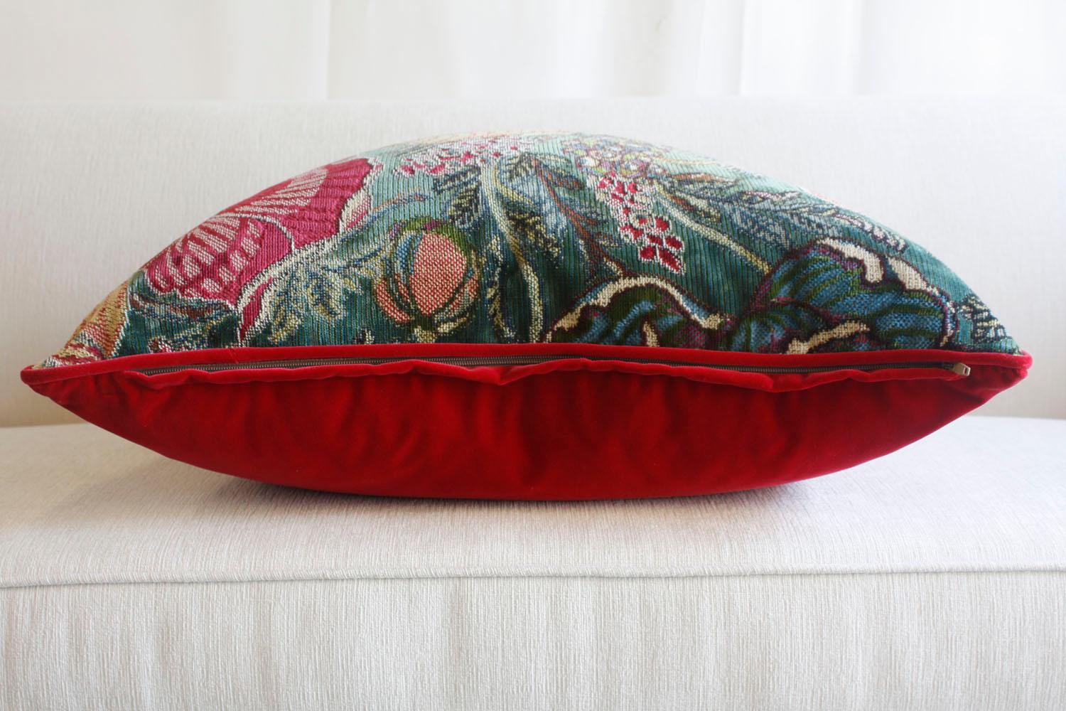 Hand-Crafted Antique Pillows with Red Velvet Floral Elegance For Sale
