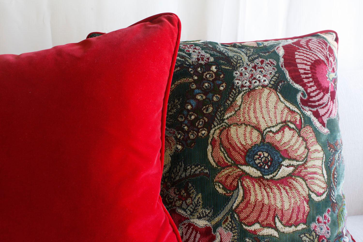Textile Antique Pillows with Red Velvet Floral Elegance For Sale
