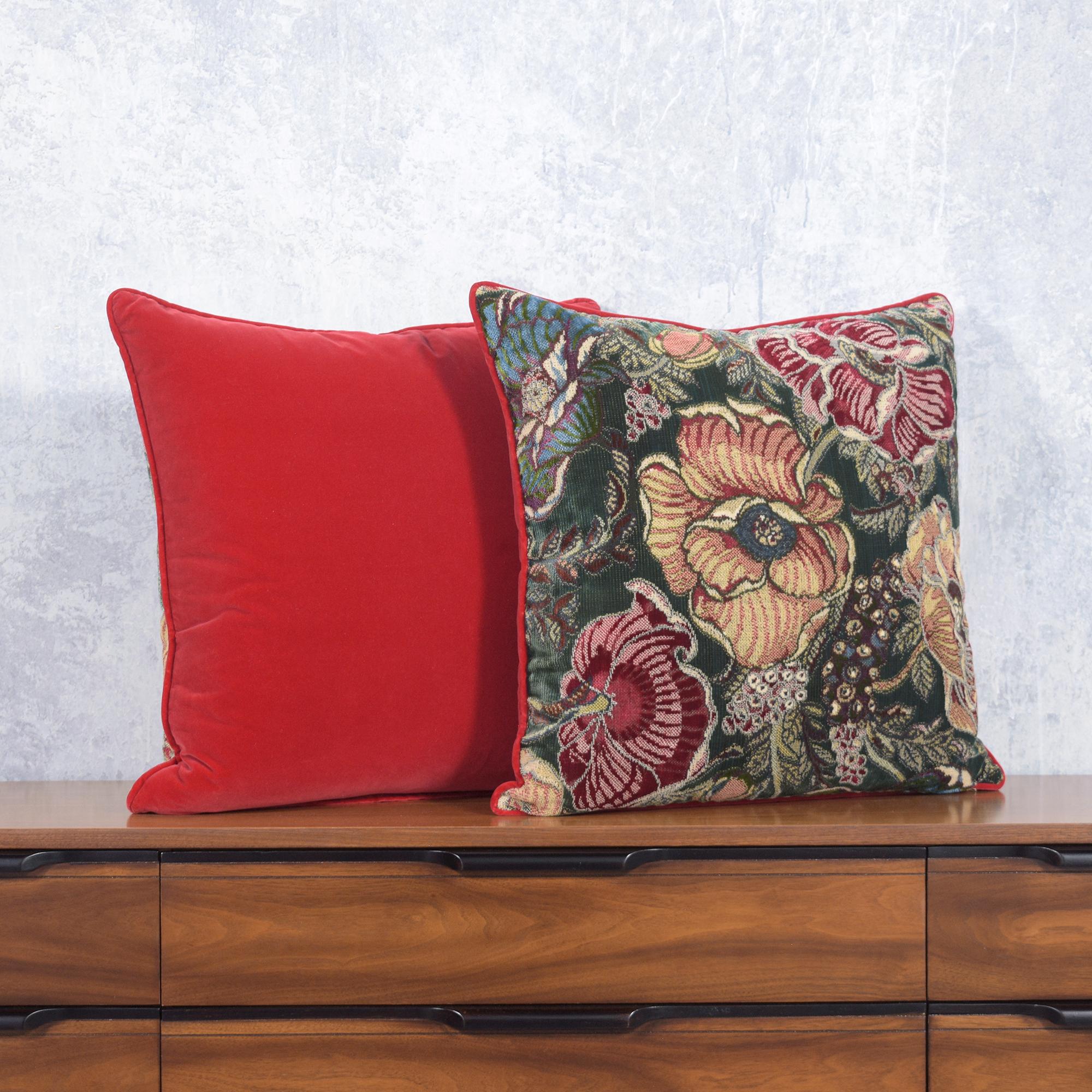 Antique Pillows with Red Velvet Floral Elegance For Sale 1
