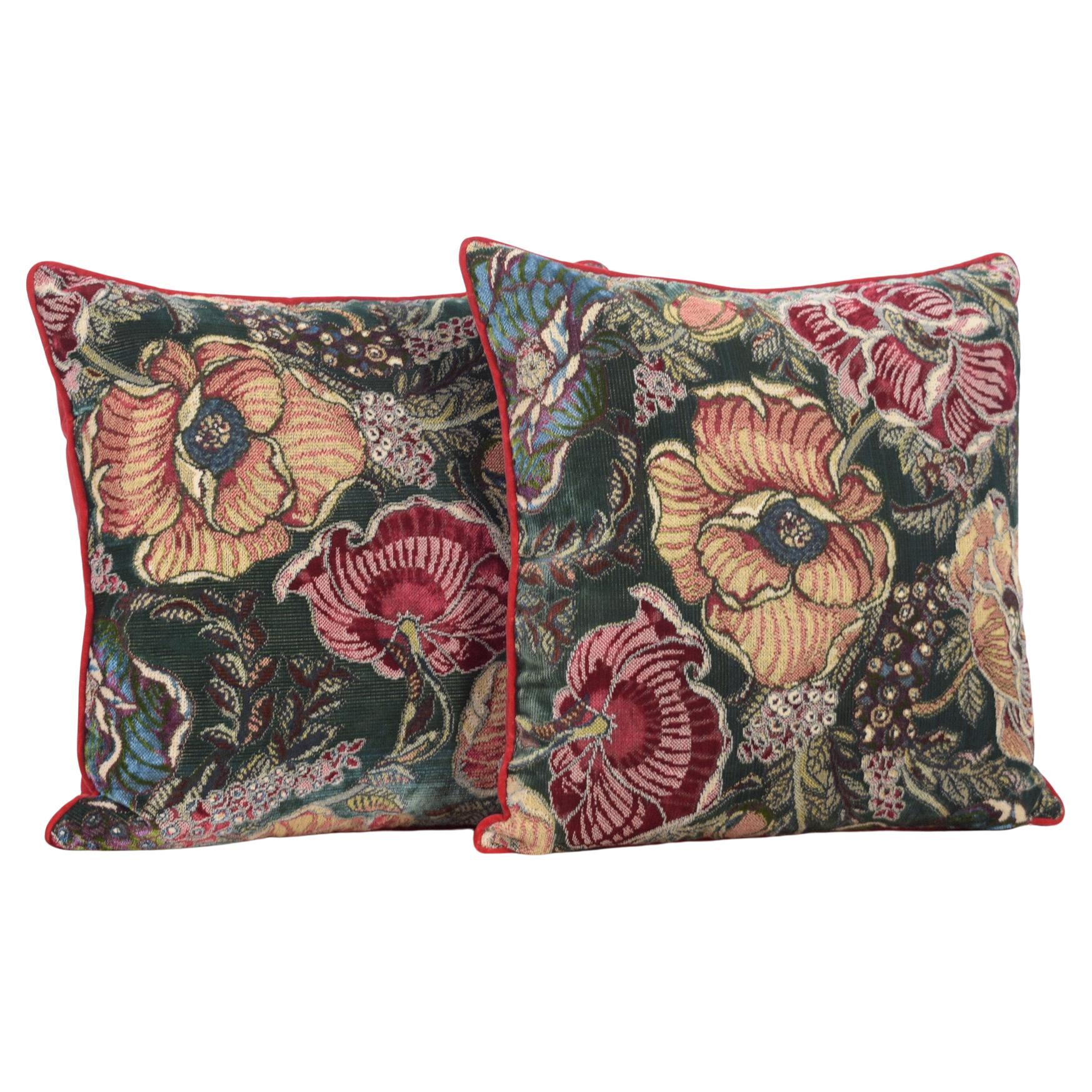 Antique Pillows with Red Velvet Floral Elegance For Sale