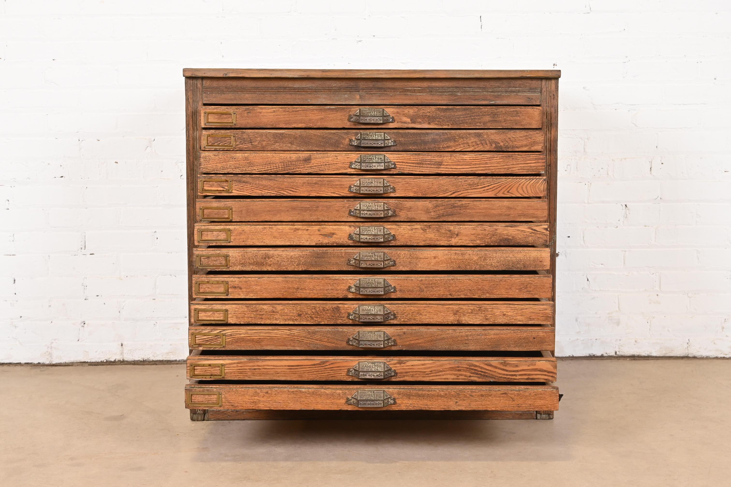 Arts and Crafts Antique Pine 12-Drawer Blueprint Flat File Cabinet by Hamilton, Circa 1900