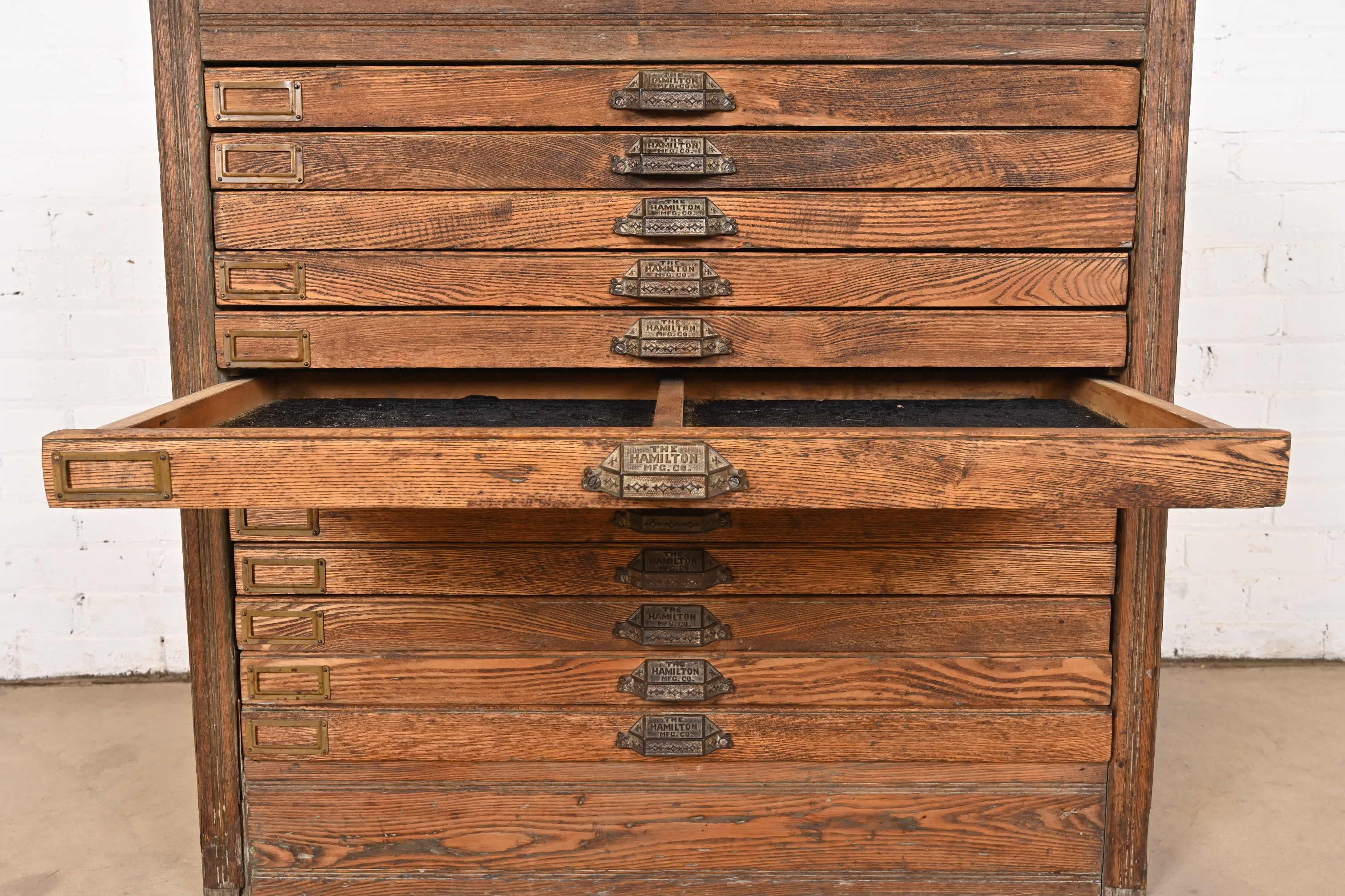 Antique Pine 12-Drawer Blueprint Flat File Cabinet by Hamilton, Circa 1900 In Good Condition In South Bend, IN