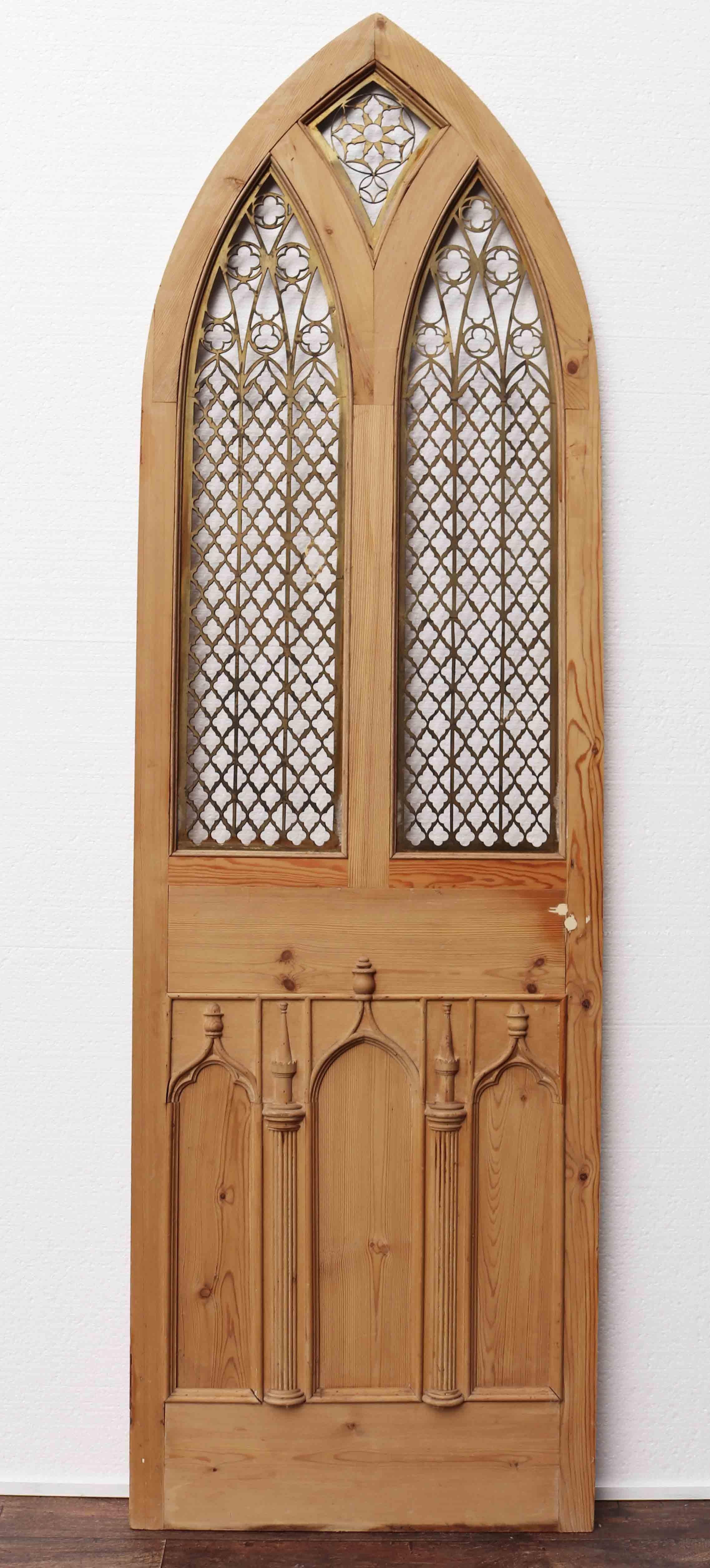 British Antique Pine and Brass Ecclesiastical Door