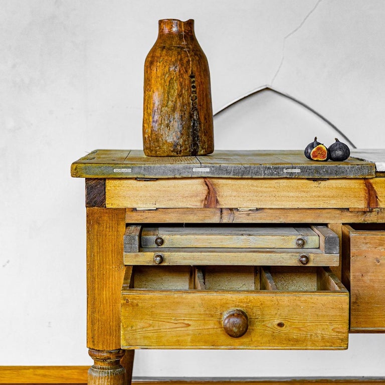 Antique Pine and Marble English Bakers Table Kitchen Island at 1stDibs