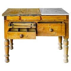 Antique Pine and Marble English Bakers Table Kitchen Island