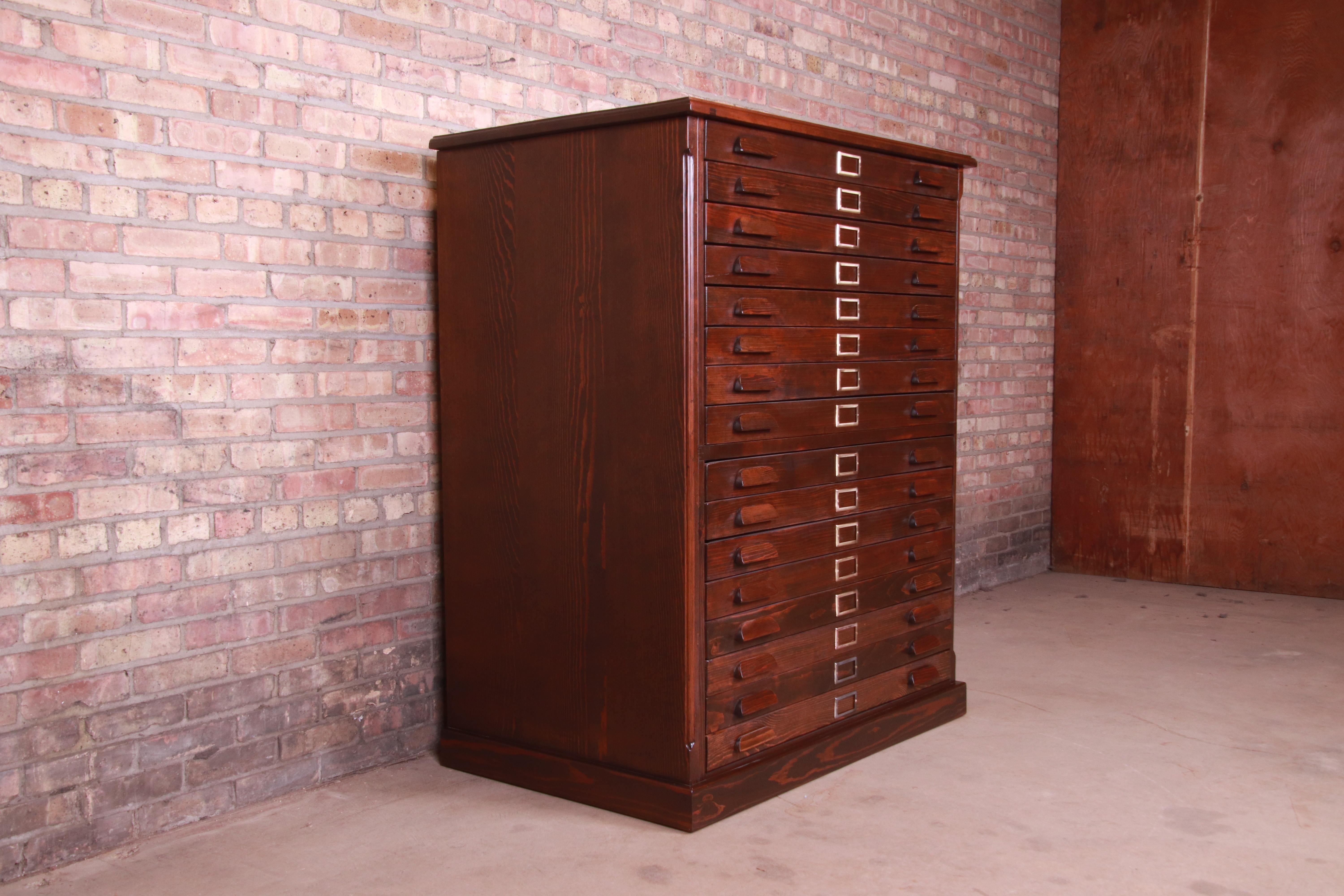 Arts and Crafts Antique Pine Architect's Blueprint 16-Drawer Flat File Cabinet, Newly Refinished